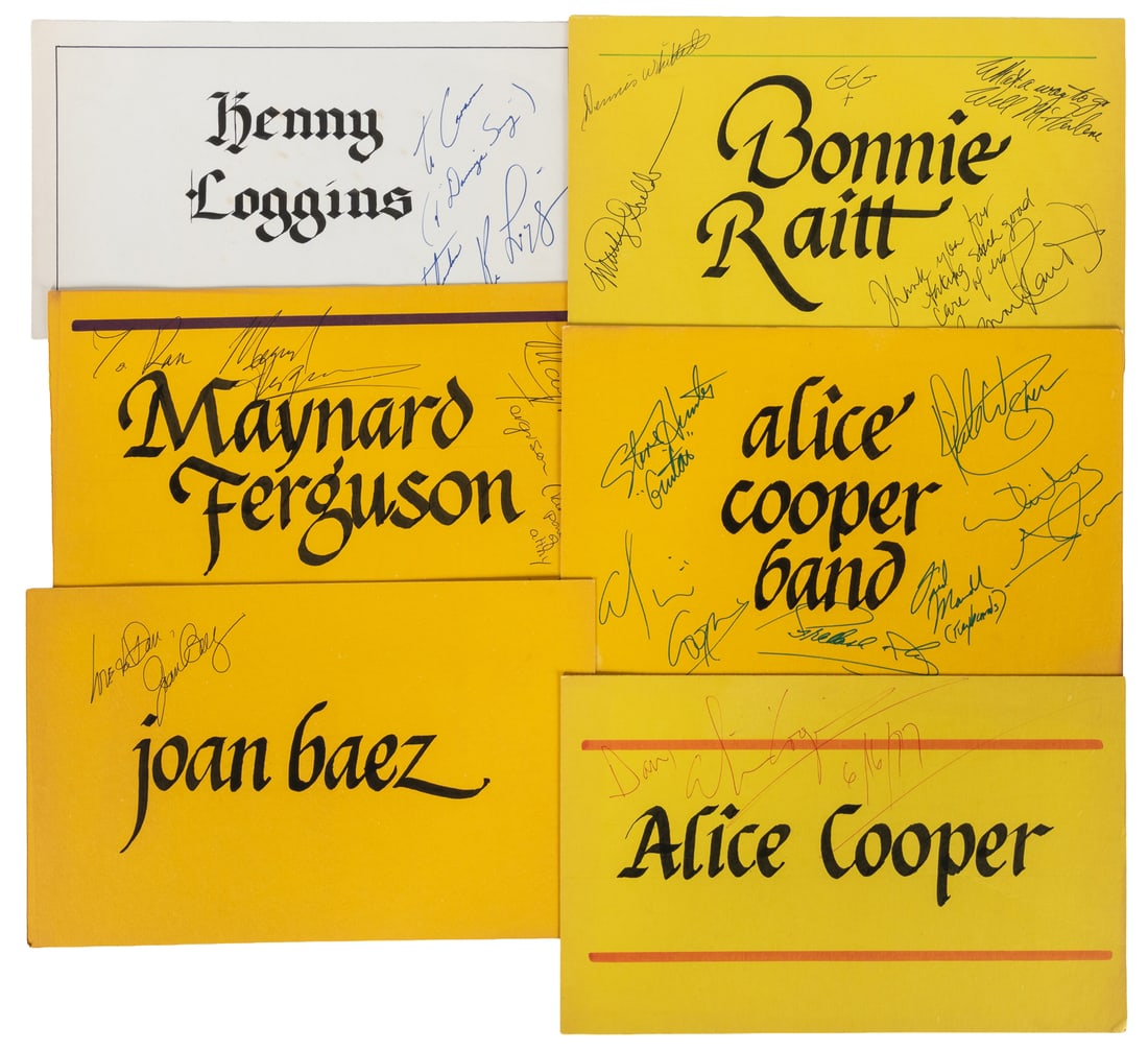 Collection of 28 band and performer signed concert dressing room signs. (1 of 2)