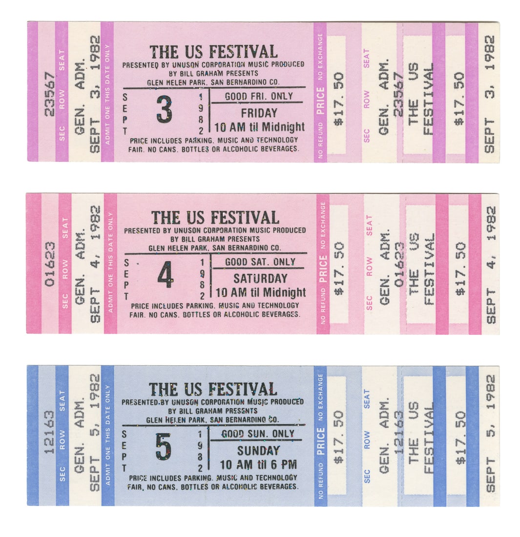 [TICKETS]. Original, Unused Set of Tickets from Three-Day US Festival, 3-5 September 1982. (1 of 2)