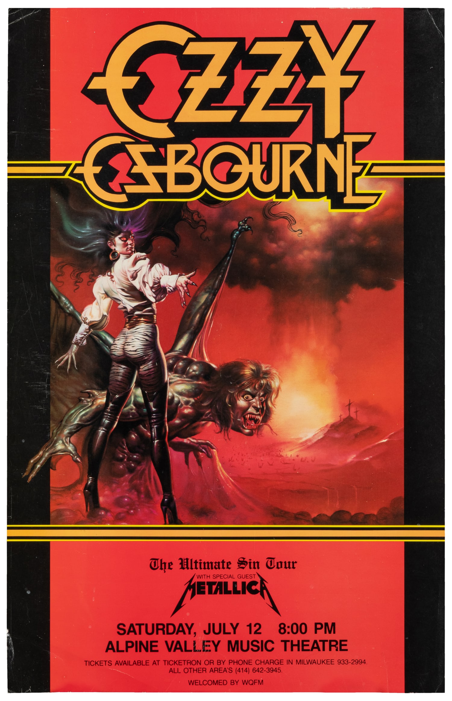 Ozzy Ozbourne / The Ultimate Sin Tour / with Special Guest Metallica.: Ozzy Ozbourne / The Ultimate Sin Tour / with Special Guest Metallica. Alpine Valley Music Theater, Wisconsin. 1986. Concert poster with fantastical artwork. 22 x 14".