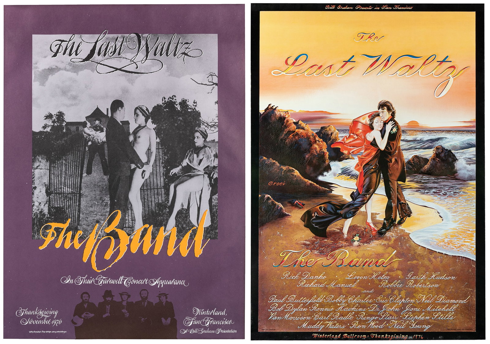 Pair of Posters for The Band / The Last Waltz. 1976.: Pair of Posters for The Band / The Last Waltz. 1976. Bill Graham Presents. There are two original versions of posters for this iconic farewell concert. The purple version was printed before the show