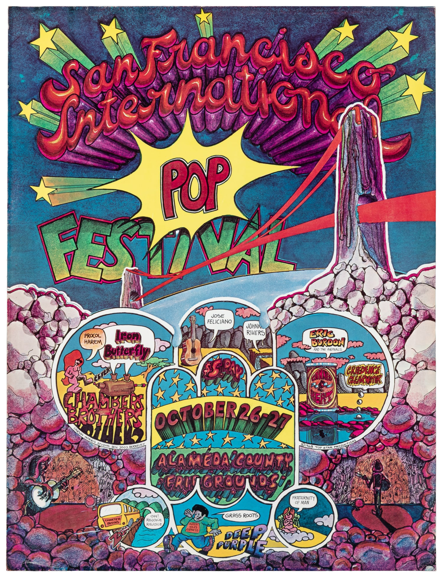 San Francisco International Pop Festival. 1968.: San Francisco International Pop Festival. 1968. This two-day music festival was held at the Alameda County Fairgrounds in Pleasanton, CA, on October 26-27. It featured a lineup of rock and psychedelic