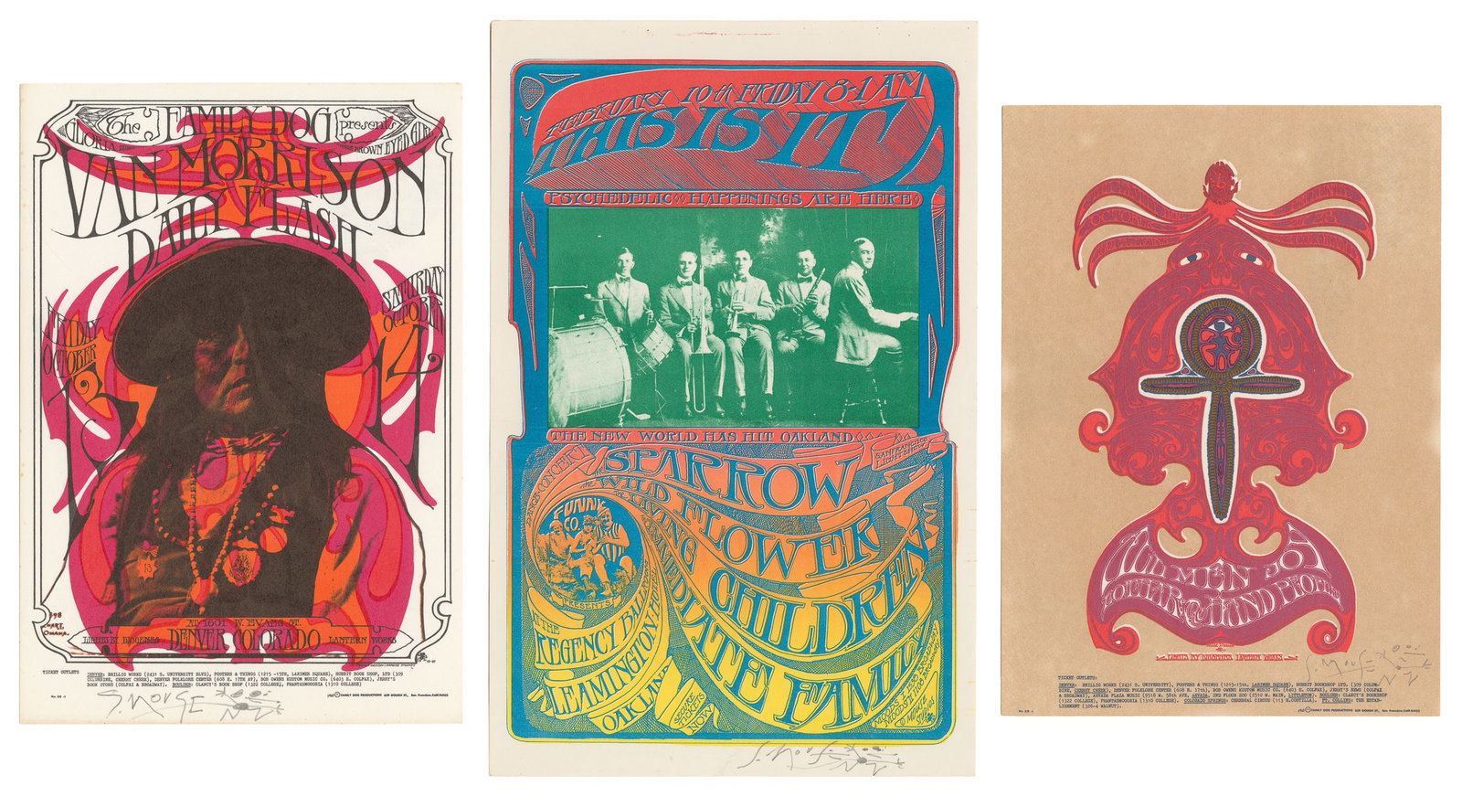 MOUSE, Stanley (1940-). Trio of Stanley Mouse Signed Postcards and Handbill. 1967.: MOUSE, Stanley (1940-). Trio of Stanley Mouse Signed Postcards and Handbill. 1967. Numbers include FDD-8-A, FDD-6-A, and AOR-2.261. Stanley Mouse has signed the bottom of each in pencil with his
