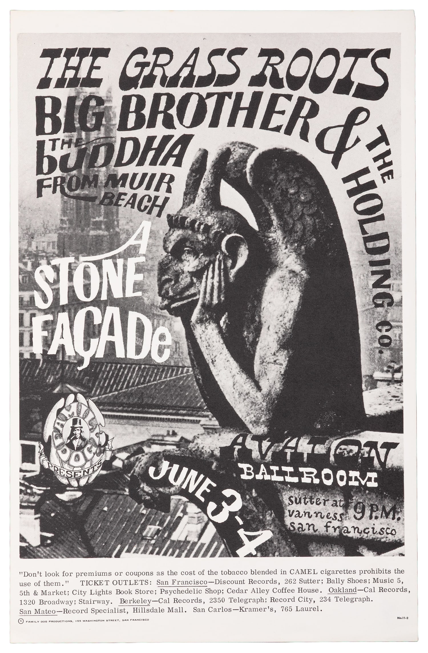 MOSCOSO, Victor (1936-). "Stone Facade" (#FD-11-2). San Francisco: Family Dog Productions, [1966].: MOSCOSO, Victor (1936-). "Stone Facade" (#FD-11-2). San Francisco: Family Dog Productions, [1966]. Second printing. Lithographic concert poster for The Grass Roots, Big Brother & The Holding Co., and 