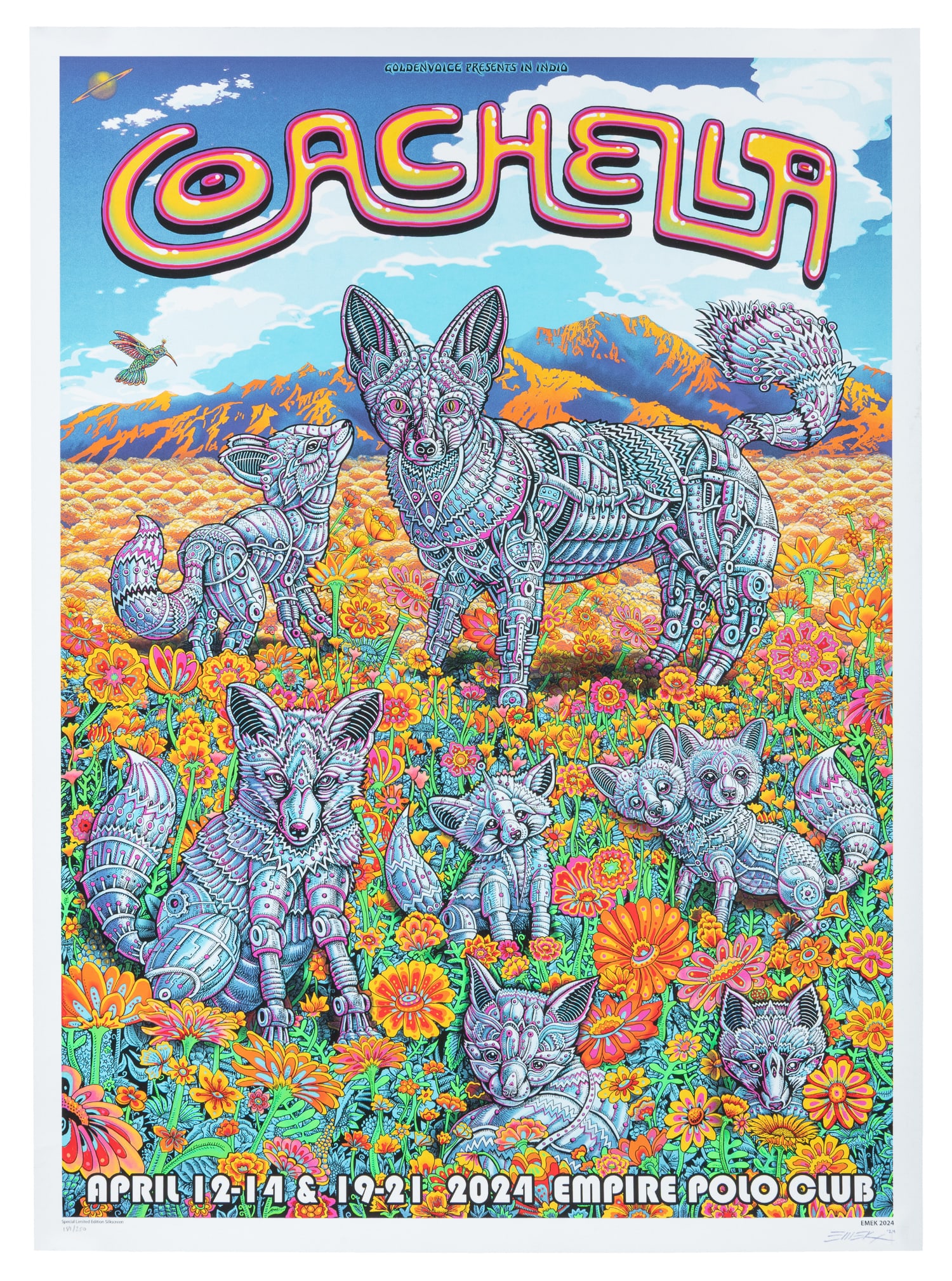 EMEK (b. 1970). Coachella 2024 Music Festival Poster.: EMEK (b. 1970). Coachella 2024 Music Festival Poster. Signed, dated, and numbered 181/250 in pencil in the margin. Silkscreen. The festival at Empire Polo Club ran from April 12-14 and 19-21, 2024.