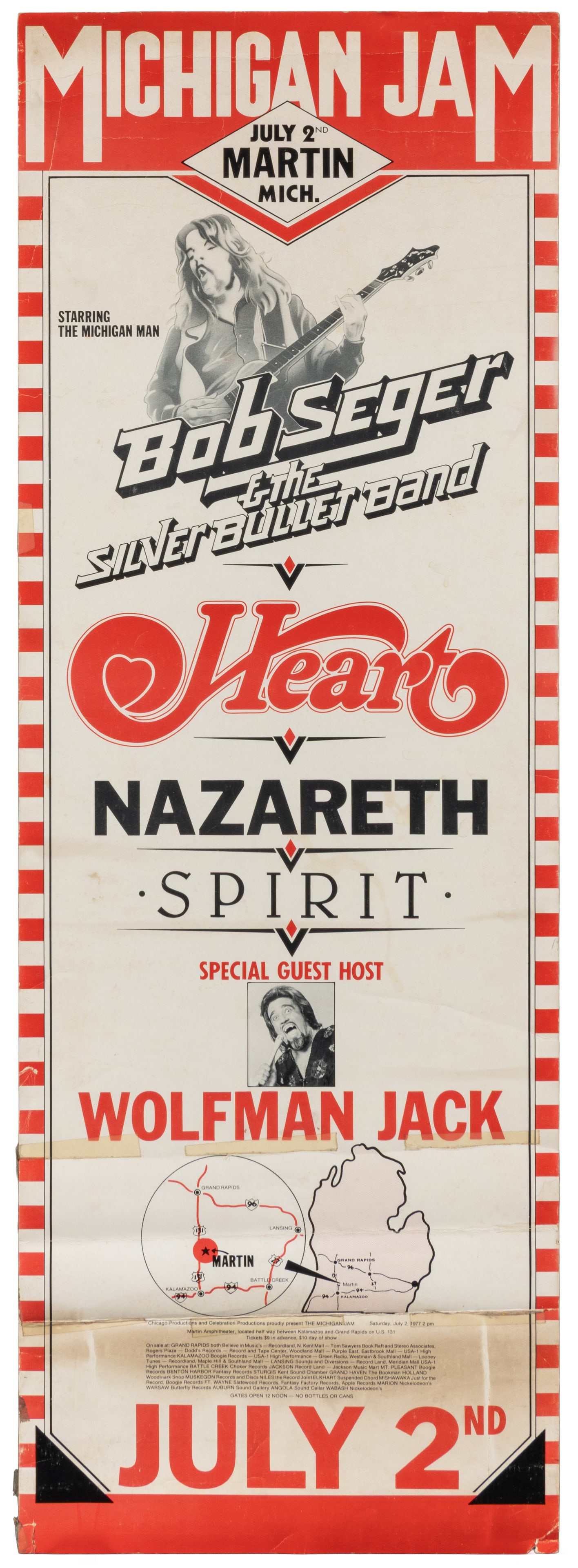 Michigan Jam Poster. 1977.: Michigan Jam Poster. 1977. A day-long rock festival held on July 2, 1977, in Martin, Michigan, headlined by Bob Seger and the Silver Bullet Band during his Night Moves tour. It also featured Heart,