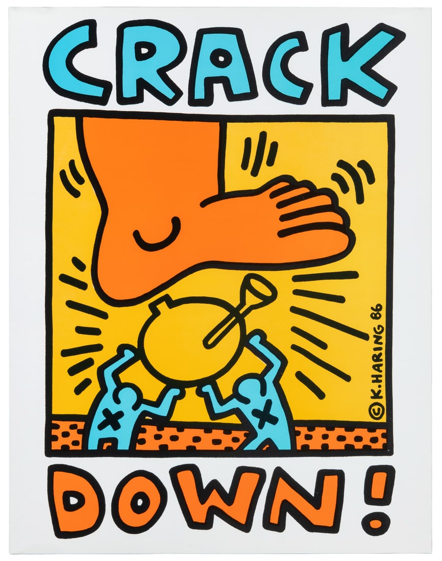 HARING, Keith (1958-1990). Crack Down! 1986.: HARING, Keith (1958-1990). Crack Down! 1986. This poster was designed by Keith Haring for the "Crackdown on Crack" concert in New York City, organized by Bill Graham. The concert aimed to raise funds 