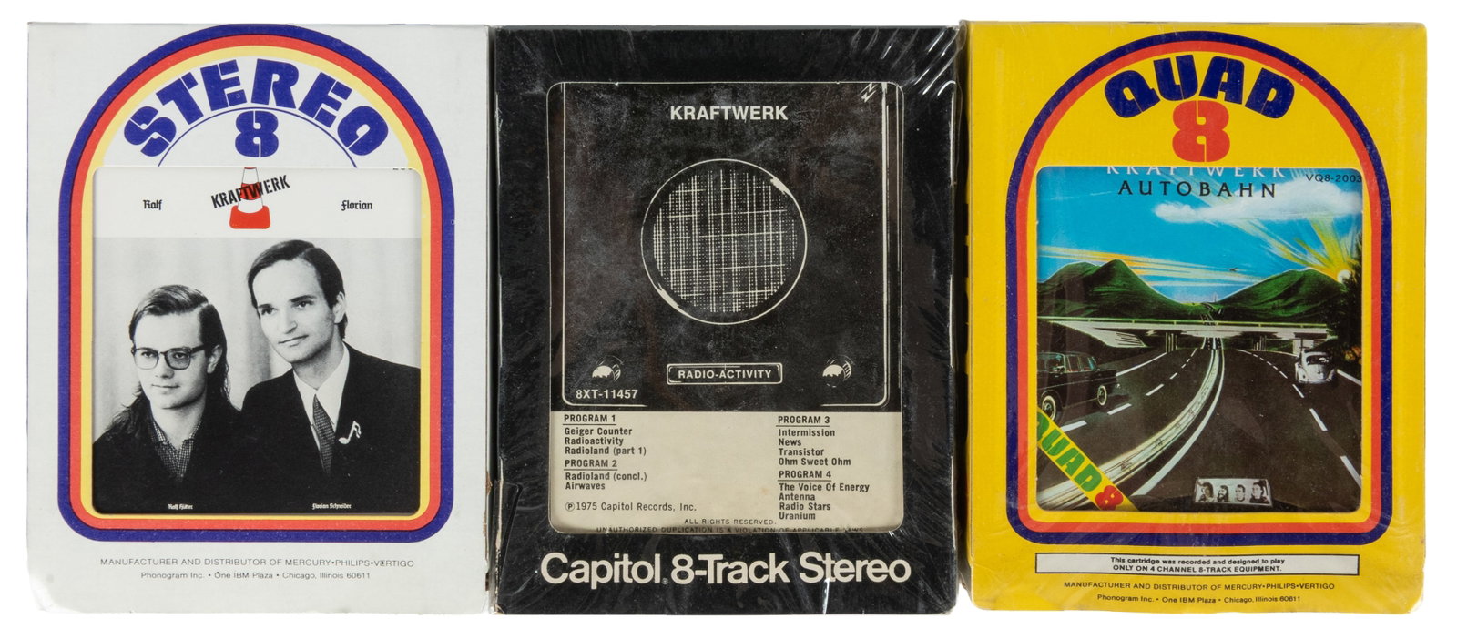 Kraftwerk. Three 8-track tapes.: Kraftwerk. Three 8-track tapes. Including:Autobahn. 1975. Vertigo VQ8-2003.Radio-Activity. 1975. Capitol 8XT-11457.Ralf & Florian. Vertigo VC-8 2006.