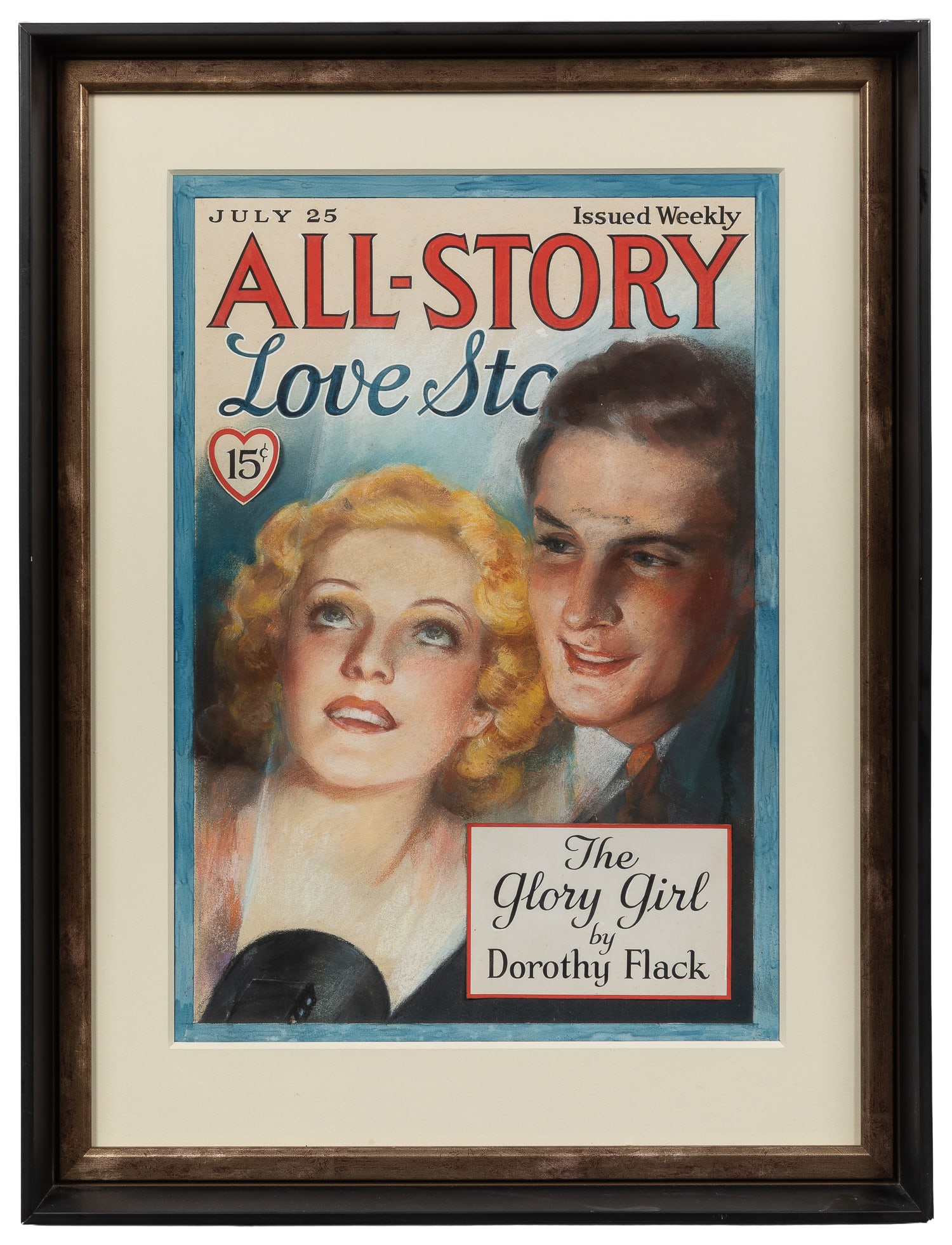 Original Cover Art for the July 25, 1936 Issue of All-Story Love Story Magazine.: Original Cover Art for the July 25, 1936 Issue of All-Story Love Story Magazine ("The Glory Girl by Dorothy Flack"). [New York: Frank A. Munsey, ca. 1936]. Multi-media (primarily pastels) image of a m