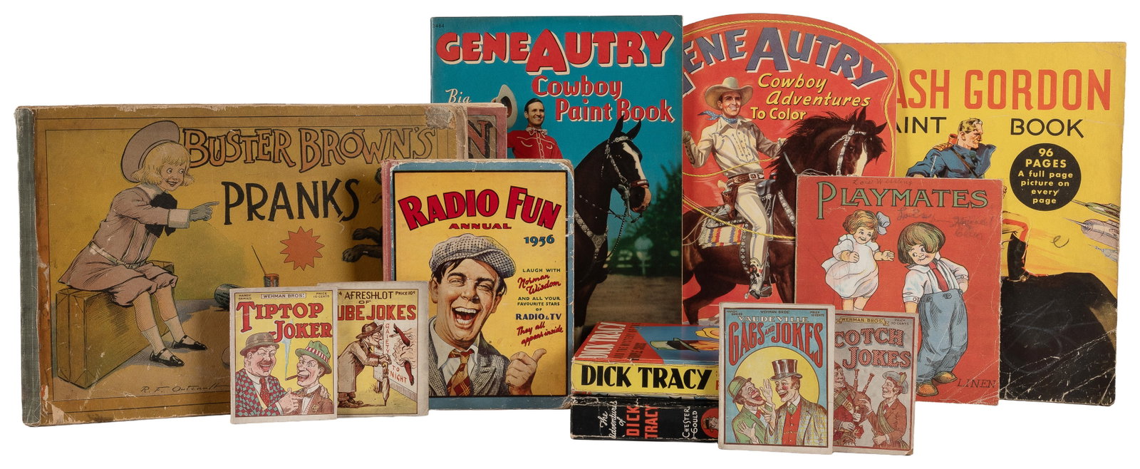 Group of 15 Platinum Age, interactive, and other comic books.: Group of 15 Platinum Age, interactive, and other comic books. Includes:Six Platinum Age comics (five Buster Brown, one Foxy Grandpa).Barney Google Fox Trot sheet music.Gene Autry coloring books (2),