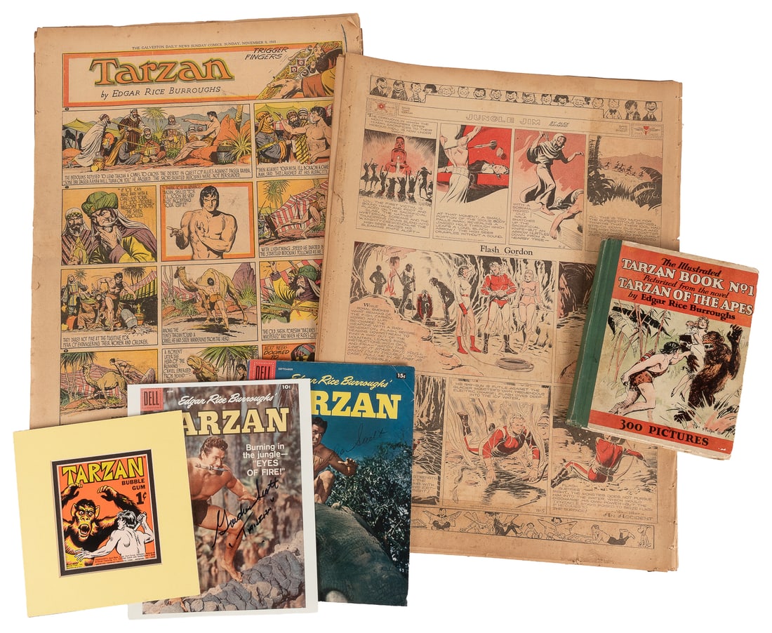 [TARZAN]. Collection of Sunday comics, autographs, and ephemera.: [TARZAN]. Group of Sunday comics, autographs, and ephemera. Includes: six Sunday newspaper comics sections from the Galveston Daily News (1941) featuring Tarzan and other comic strips; eight issues