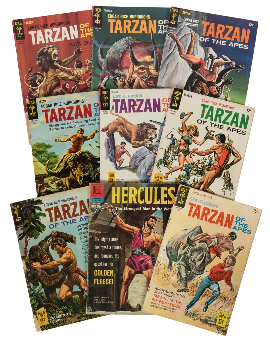 [COMICS]. Group of 8 Gold Key Tarzan Comics and 1 Dell Hercules Comic. [V.p., ca. 1960s].: [COMICS]. Group of 8 Gold Key Tarzan Comics and 1 Dell Hercules Comic. [V.p., ca. 1960s]. Original wrappers. Issues include: Tarzan 702, 705, 704, 802, 006, 512, 010, 404, Hercules 1006.
