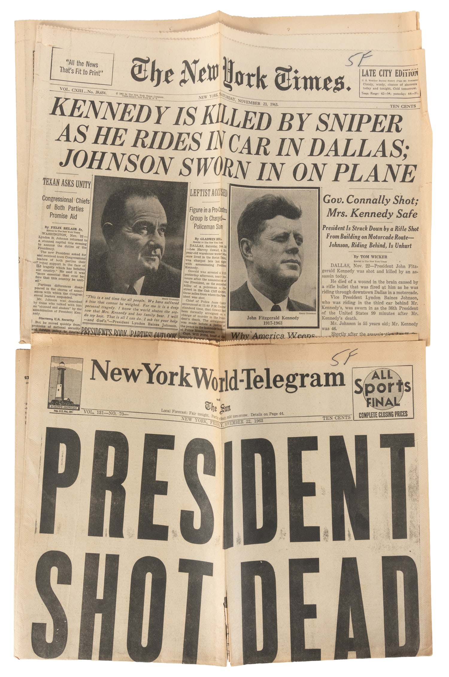 [JFK]. Pair of JFK Assassination Headline Newspapers. V.p., 1963.: [JFK]. Pair of JFK Assassination Headline Newspapers. V.p., 1963. Two issues, including:The New York Times. New York: Nov. 23, 1963. Vol. CXII No. 38,654. 4pp. (pp. 1-2/29-30). "KENNEDY IS KILLED BY S