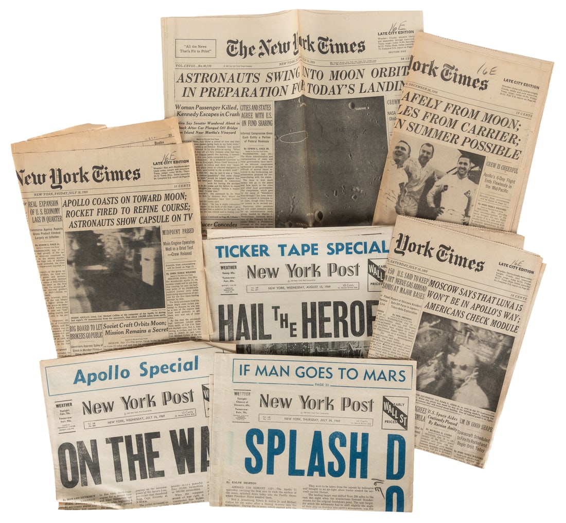 [APOLLO 11]. Group of Apollo 11 Headline Newspapers. V.p., 1968/1969.: [APOLLO 11]. Group of Apollo 11 Headline Newspapers. V.p., 1968/1969. 18 issues. Including multiple editions of The New York Times dated Dec. 14, 1968; July 16–20, 22–25, and 30, 1969;