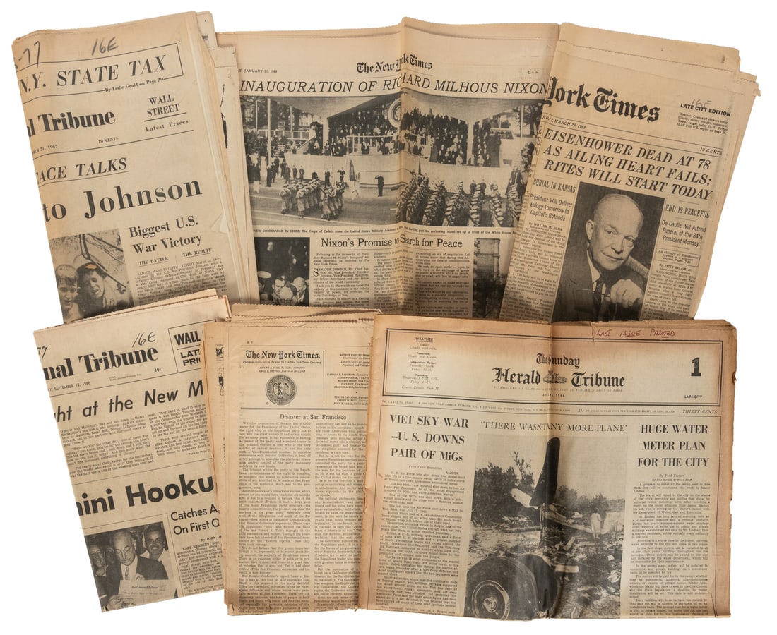 Group of 6 Vietnam War-Era Newspapers. V.p., 1965-1969.: Group of 6 Vietnam War-Era Newspapers. V.p., 1964-1969. Including The New York Times July 19, 1964, March 29, and Jan. 21, 1969; World Journal Tribune September 12, 1966, and March 21, 1967; and The