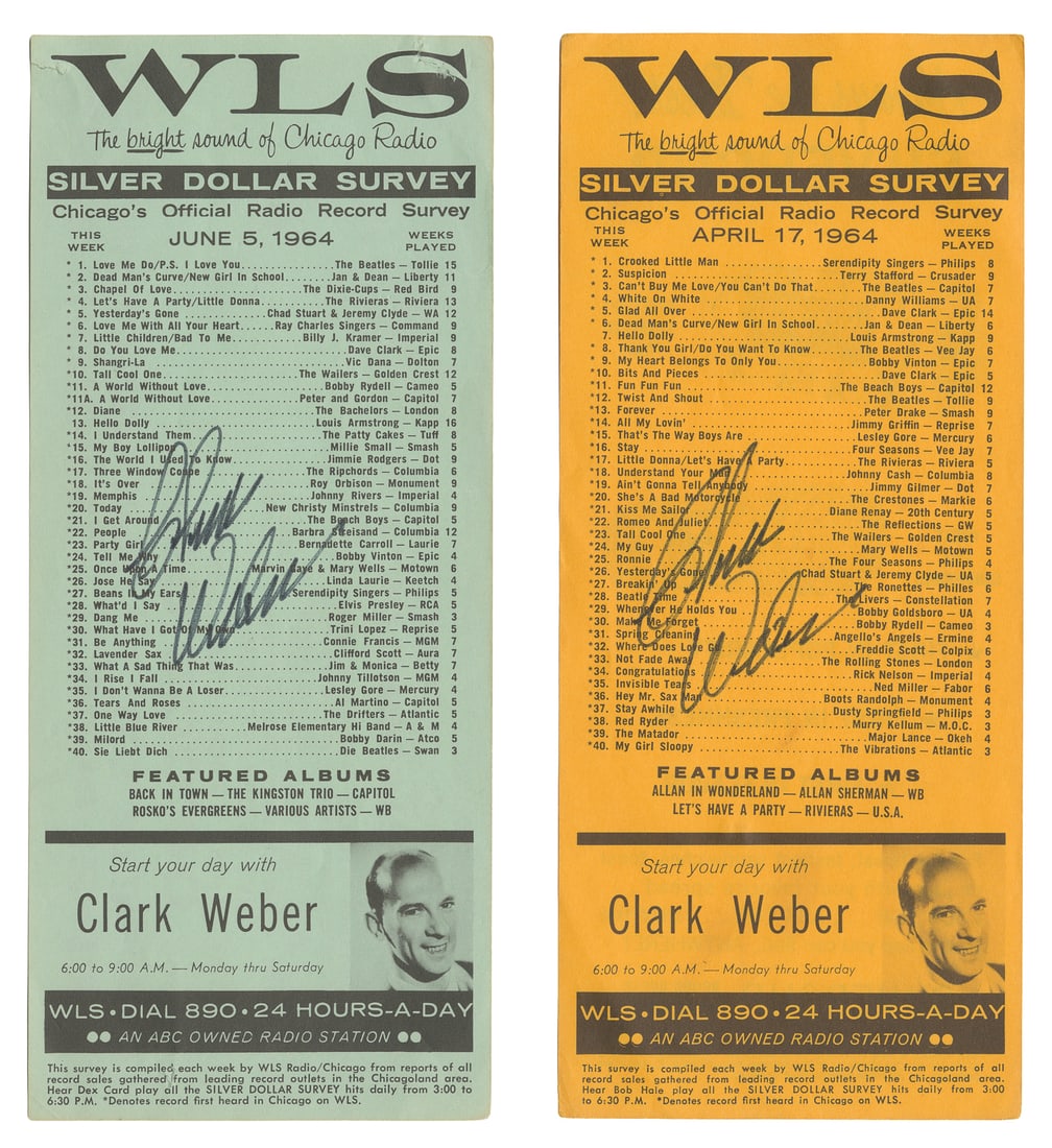 [WEBER, Clark (1930-2020)]. Pair of WLS "Silver Dollar Surveys" Signed by Clark Weber. 1964.: [WEBER, Clark (1930-2020)]. Pair of WLS "Silver Dollar Surveys" Signed by Clark Weber. A pair of WLS Silver Dollar Survey charts from April 17 and June 6, 1964, both SIGNED in ink by pioneering radio