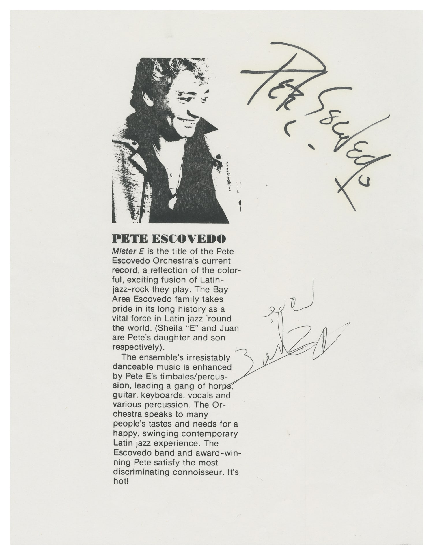 Mister E Review Signed by Pete Escovedo and Sheila E. Circa 1988.: "Mister E" Review Signed by Pete Escovedo and Sheila E. Circa 1988. Photocopied review of "Mister E" SIGNED by father-daughter duo Pete Escovedo and Sheila E.11 x 8 1/2".