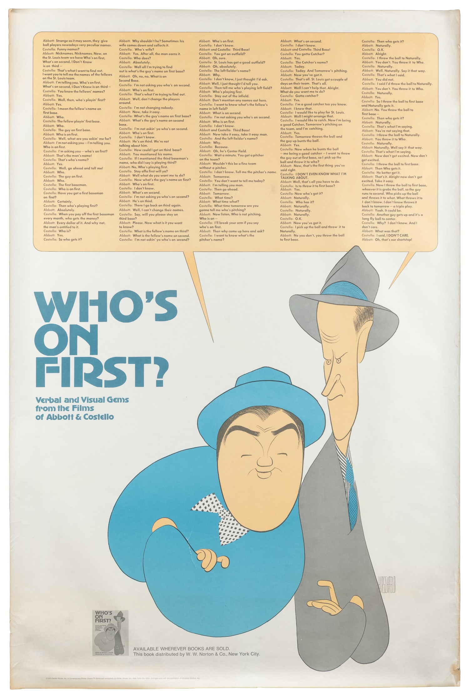 HIRSCHFIELD, Al (1903-2003). Who's on First? / Verbal and Visual Gems from the Films of Abbott and: HIRSCHFIELD, Al (1903-2003). Who's on First? / Verbal and Visual Gems from the Films of Abbott and Costello. 1973. New York: Darien House. Poster advertising Who's on First?, a collection of classic