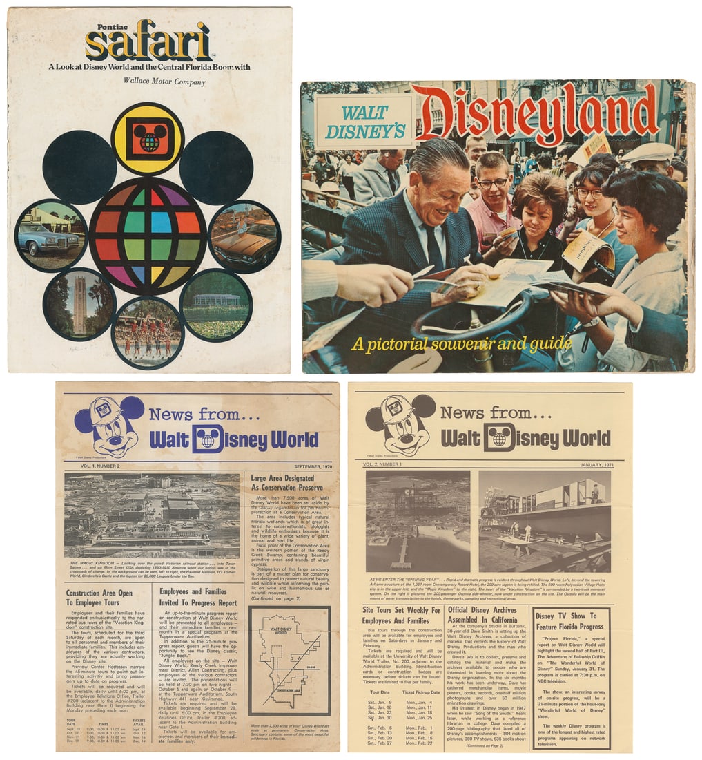 Small Group of Walt Disney World Ephemera, 4 in lot. 1968/1971.: Small Group of Walt Disney World Ephemera, 4 in lot. 1968/1971. Including:Walt Disney's Disneyland: A Pictorial Souvenir and Guide. 1968. First Edition. Contains photographs and information about the