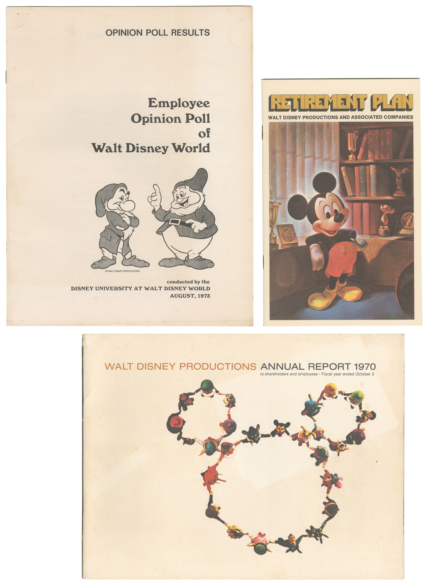 Walt Disney World Employee Opinion Poll, Retirement Plan, and Annual Report. 1970-1973.: Walt Disney World Employee Opinion Poll, Retirement Plan, and Annual Report, 3 Items. 1970-1973. Three pieces of literature distributed to Disney employees, including a seven-page 1973 Employee