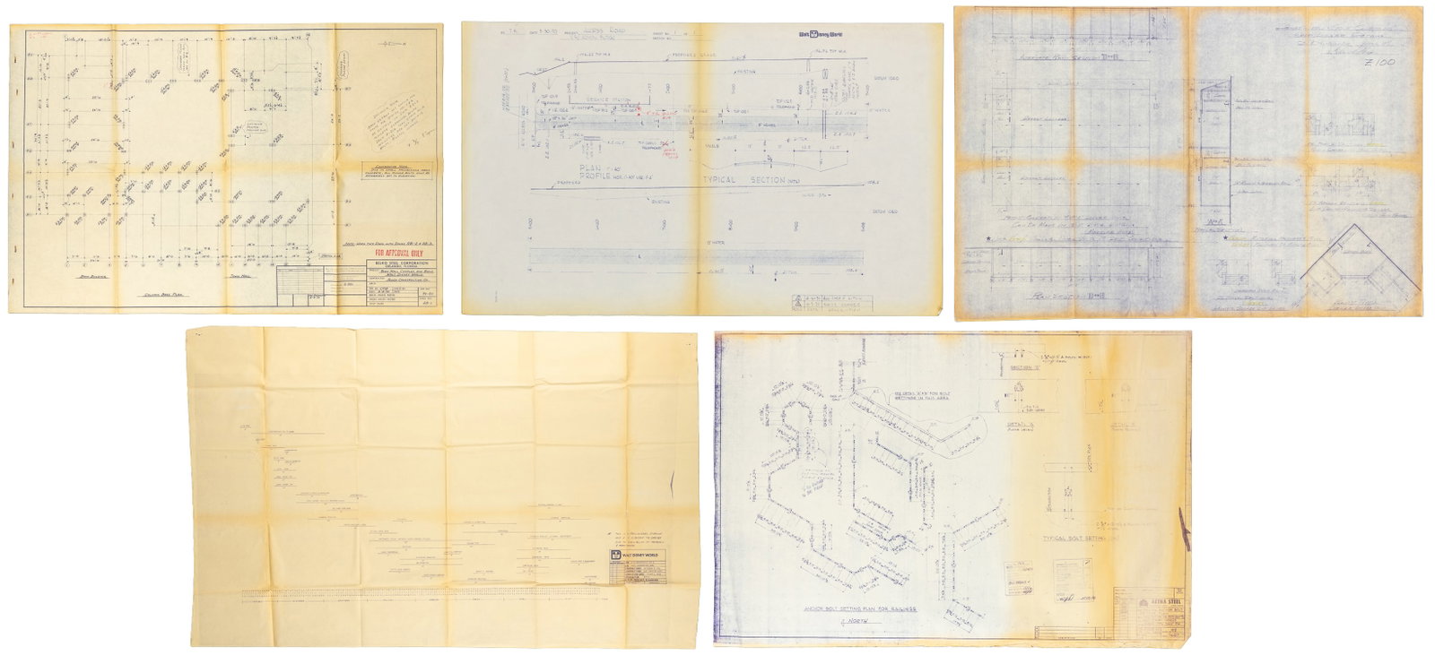 Five Sets of Walt Disney World Blueprints. 1970-1973.: Five Sets of Walt Disney World Blueprints. 1970-1973. Including:Walt Disney World Access Road Blueprint. 1970. Blueprint for Access Road (S/Admin. Bldng.) by T.K. dated 3-30-70. With revisions in red