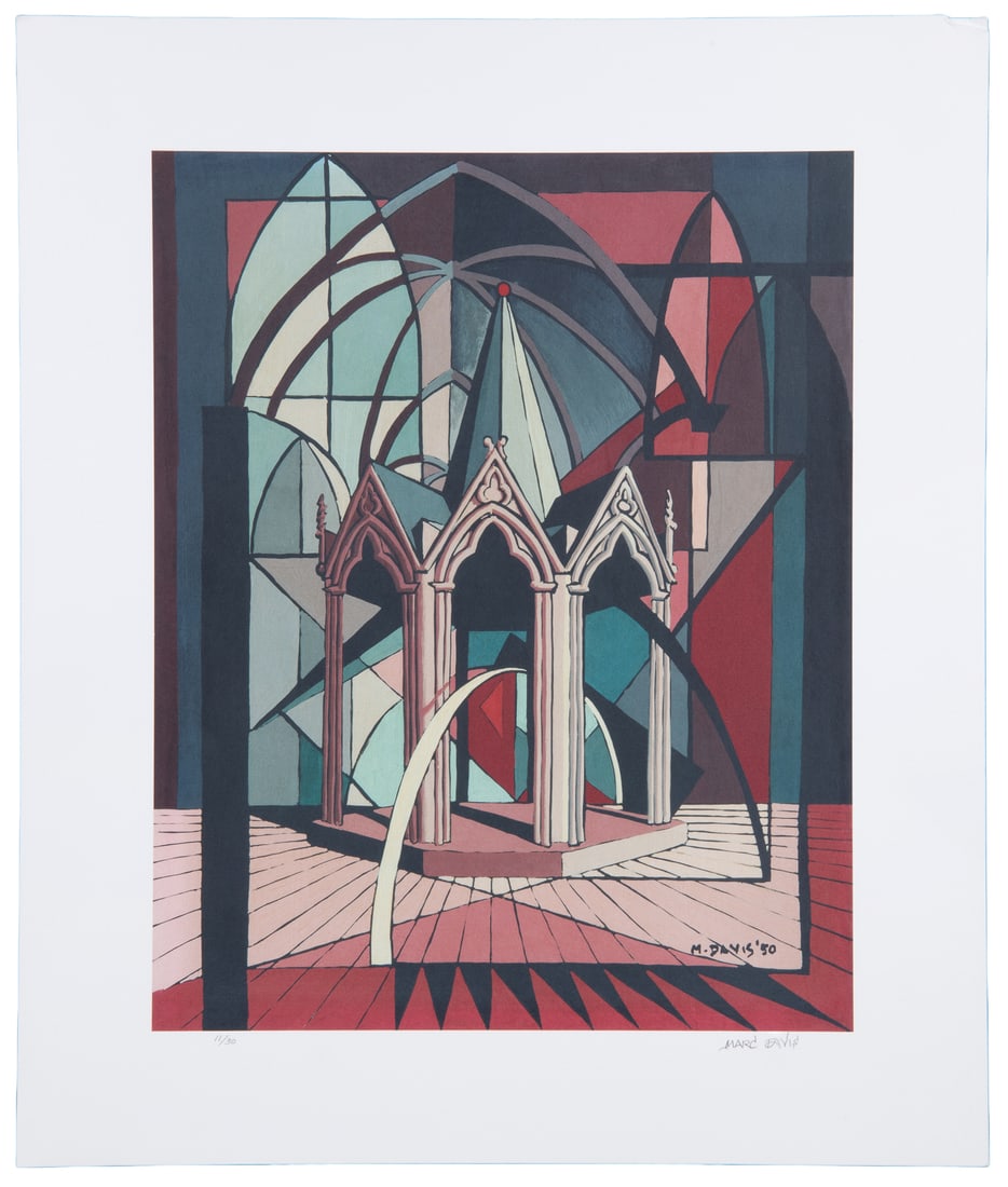 [DISNEYANA]. DAVIS, Marc Fraser (American, 1913-2000). Stained Glass Arches and Gazebo. 1950.: [DISNEYANA] DAVIS, Marc Fraser (American, 1913-2000). Stained Glass Arches and Gazebo. 1950. Giclee on paper. (Printed later). Signed and numbered 11/30 in pencil in the margin and signed and dated