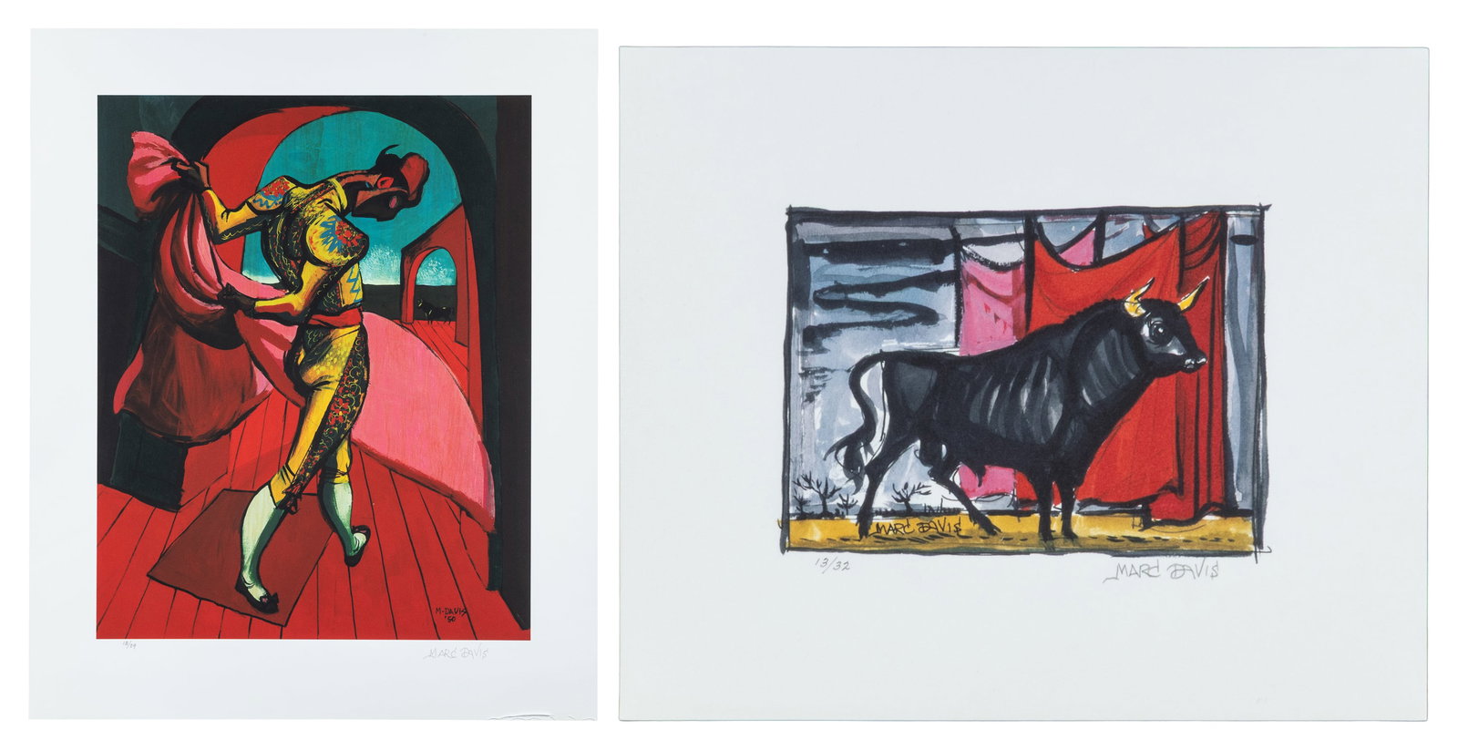 [DISNEYANA]. DAVIS, Marc Fraser (American, 1913-2000). Pair of Bullfighting Prints.: [DISNEYANA]. DAVIS, Marc Fraser (American, 1913-2000). Pair of Bullfighting Prints. Circa 1950s. Unframed. Including:Dressed to Kill. 1950. Signed and numbered 18/29 in pencil in the margin and