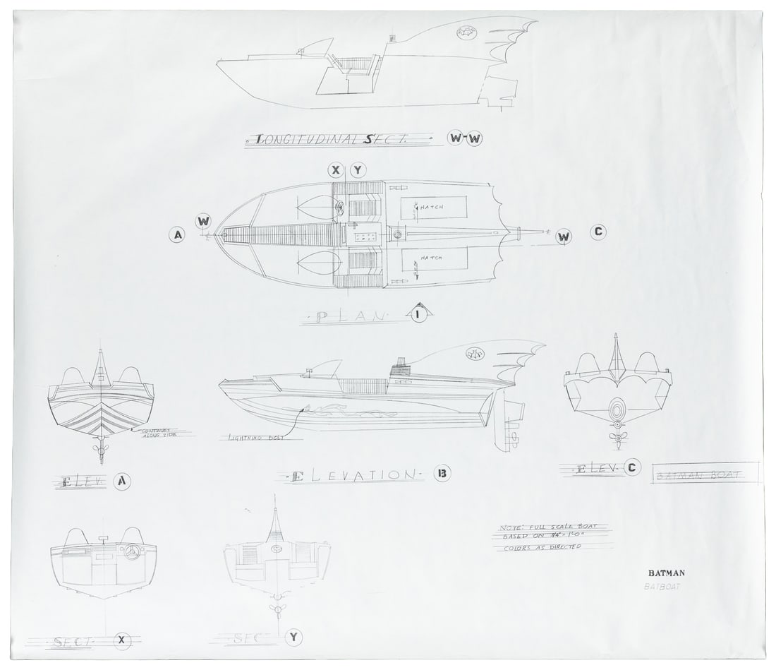 Batman Batboat Blueprint [Hollywood: 20th Century Fox, ca. 1965, though most likely later].: Batman Batboat Blueprint [Hollywood: 20th Century Fox, ca. 1965, though most likely later]. Photocopy of blueprint of the Batboat with numerous views, elevations of the batboat. Approximately 35 x