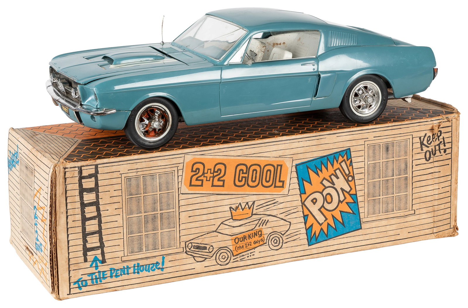 [TOYS]. AMF Wen-Mac Ford Mustang 2+2 with Box. [Los Angeles:] AMF Wen-Mac, [1966].: [TOYS]. AMF Wen-Mac Ford Mustang 2+2 with Box. [Los Angeles:] AMF Wen-Mac, [1966]. 1966 AMF battery-powered Ford Mustang 2+2 in Brittany Blue with original pictorial box, instructions, and decal sheet