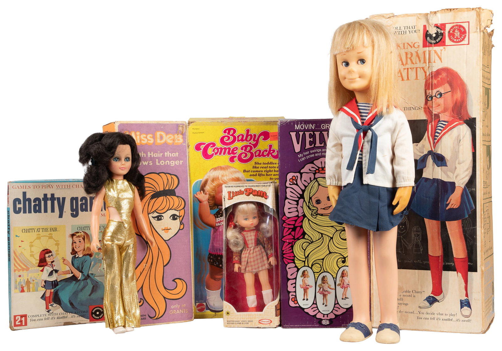 [TOYS]. Group of 6 1960's and 70's Dolls with Boxes. Mattel/Uneeda/Ideal. (1 of 1)