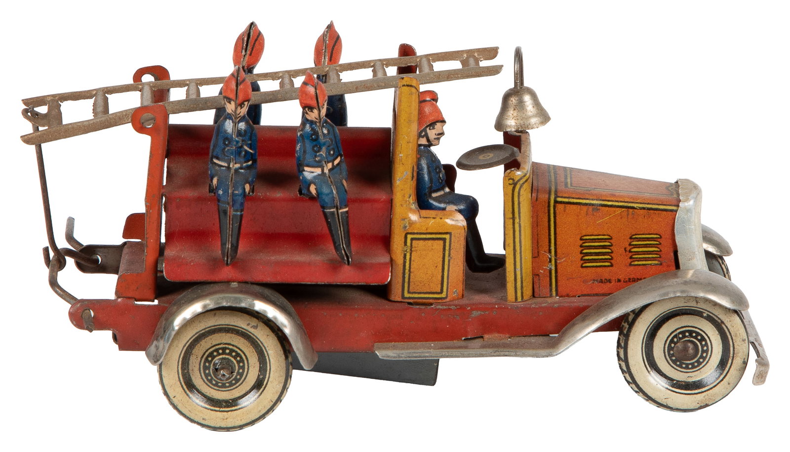 Tin lithograph fire engine penny toy. - 2