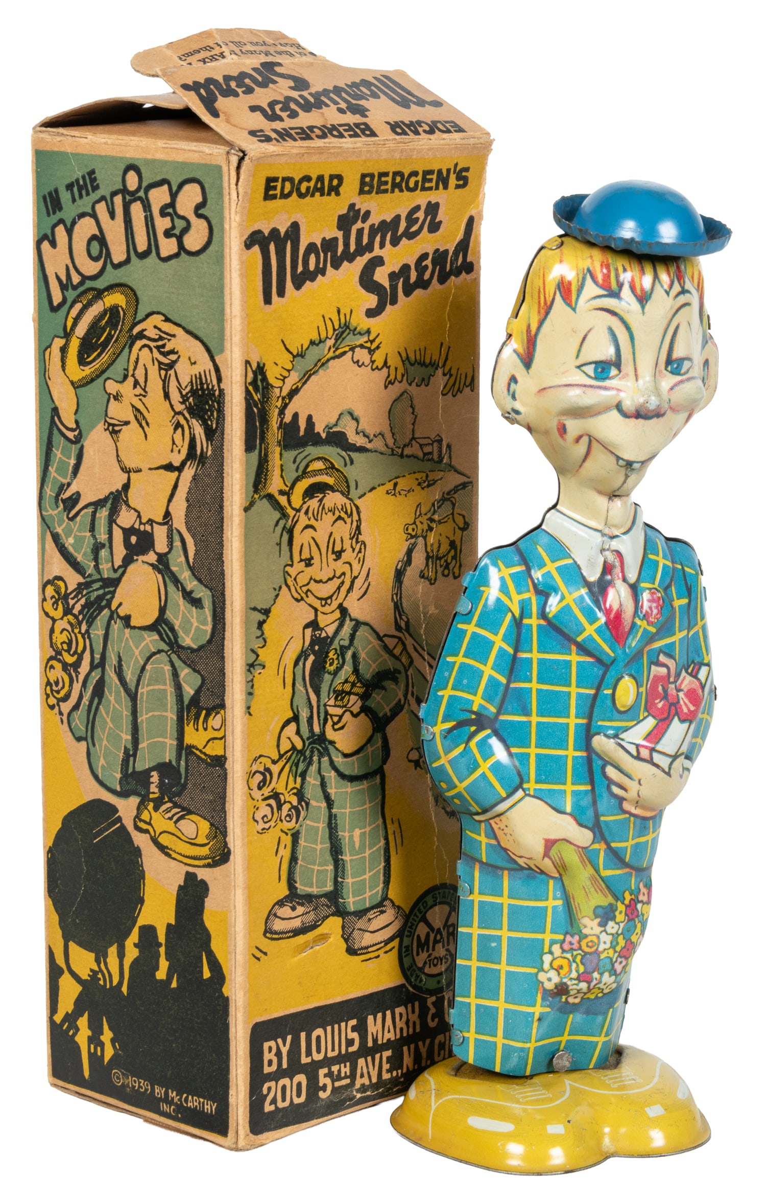 Louis Marx Mortimer Snerd tin wind-up toy with box.: Louis Marx Mortimer Snerd tin wind-up toy with box. New York, ca. 1939. Wind-up figure which wobbles/walks as hat tips up and down. Includes original box.Height 8 1/2".
