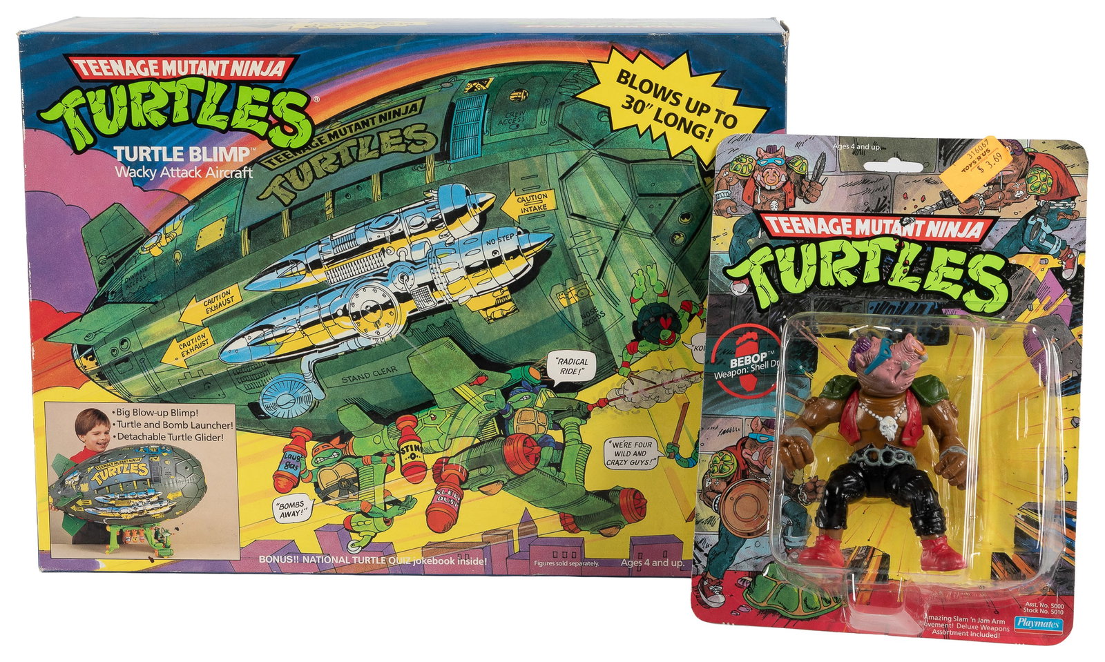 Teenage Mutant Ninja Turtles Turtle Blimp with original box.: Teenage Mutant Ninja Turtles Turtle Blimp with original box. Playmates Toys, 1988. Unassembled "wacky attack aircraft" toy, including the inflatable blimp, accessories, unused sheets of stickers, and