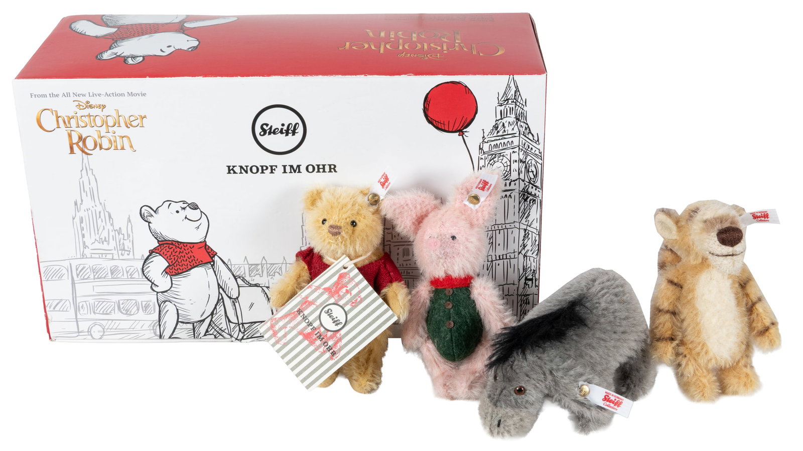 Steiff x Disney Chistopher Robin 2018 Gift Set Limited Edition.: Steiff x Disney Christopher Robin 2018 Gift Set Limited Edition. EAN 355417. Set #1685 of 2,000. Includes Winnie the Pooh, Tigger, Eeyore, and Piglet. Includes box.Each approx. 5". Box 12 1/2 x 7 x