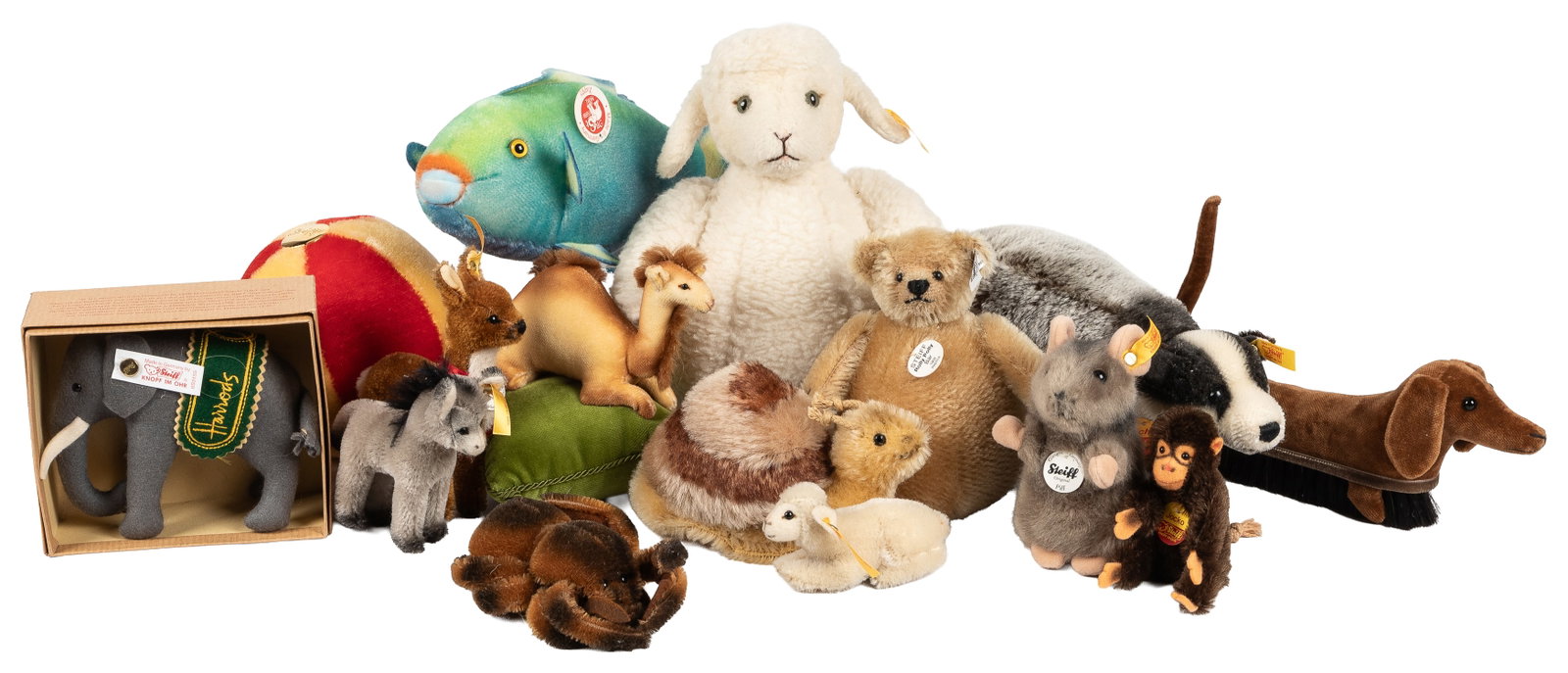 Steiff group of 16 smaller animals and ball. (1 of 1)