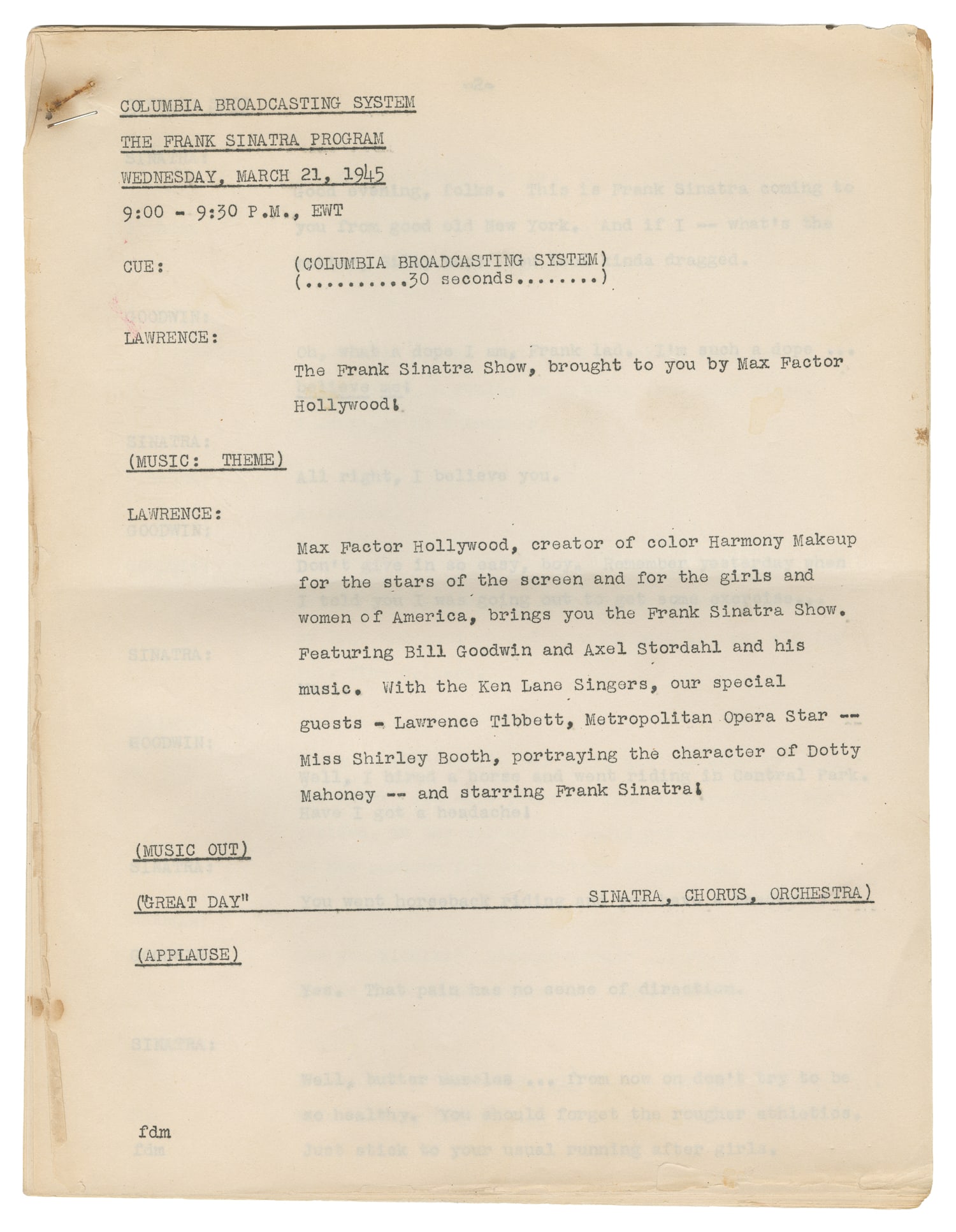 The Frank Sinatra Show (Frank Sinatra in Person) Radio Show Script. March 21, 1945. (1 of 1)