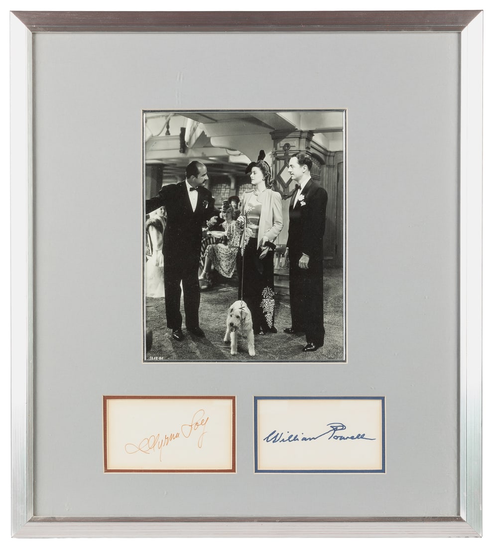 POWELL, William (1892-1984) and LOY, Myrna (1905-1993). Pair of Signed Cards, Framed with a Still (1 of 2)