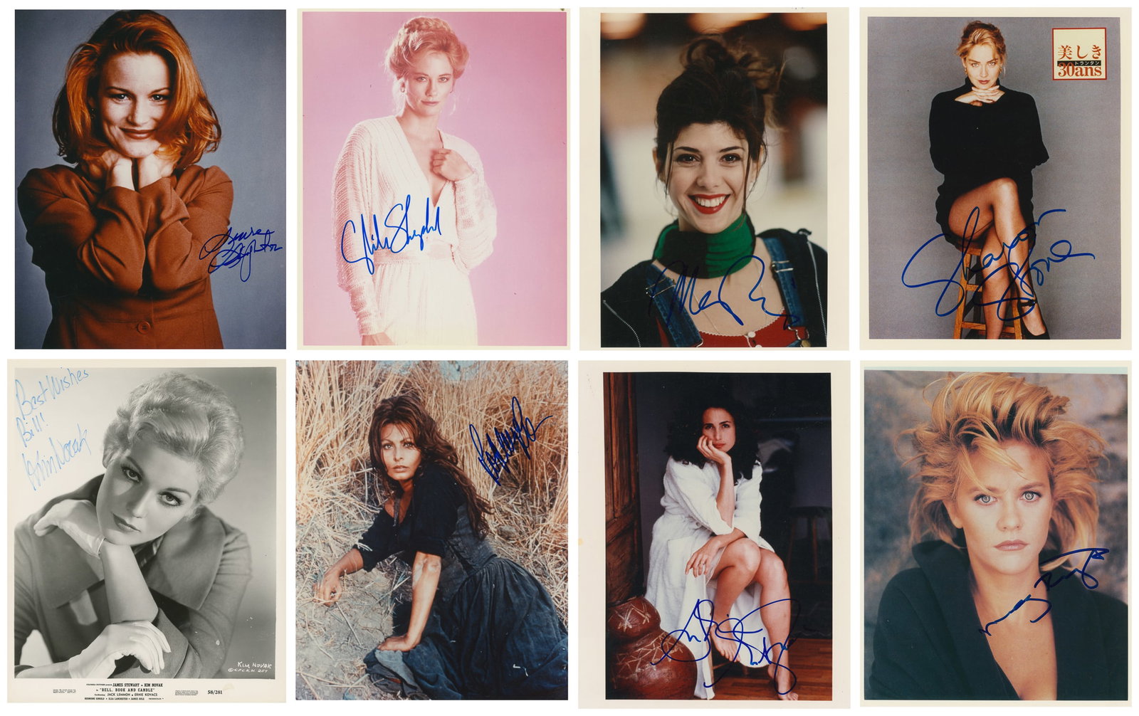 [ACTRESSES]. Twelve signed 8 x 10" photos.: [ACTRESSES]. Twelve signed 8 x 10" photos. Group of signed color and black and white photos of actresses, including: Sophia Loren, Meg Ryan, Marisa Tomei, Laura Leighton, Sharon Stone, Cybill Shepherd