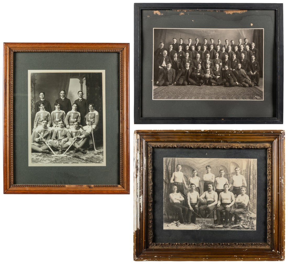 Trio of antique amateur sports team photographs.: Trio of antique amateur sports team photographs. V.p., ca. late 19th / early 20th century. Three mounted photographs, framed, including:Group portrait of a multi-sport men's team, titled in the