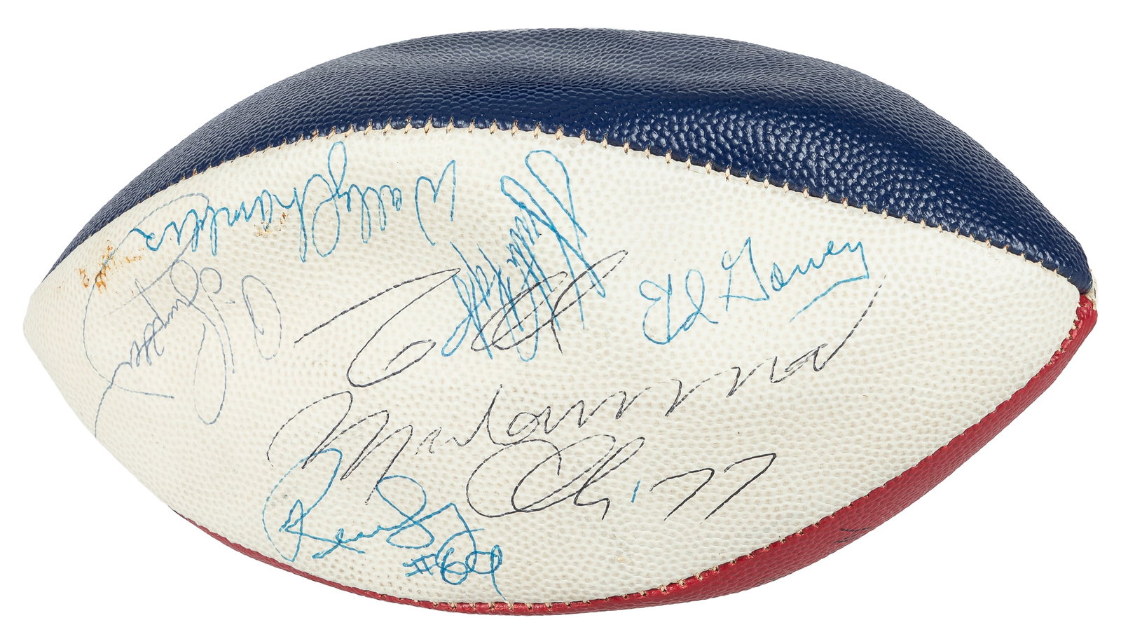 1977 NFLPA Awards Banquet football signed by Hall of Famers (JSA).: 1977 NFLPA Awards Banquet football signed by Hall of Famers (JSA). An Acme brand football with alternating red, white, and blue panels, inscribed in ink on one of the red panels: "June 12 1977 /