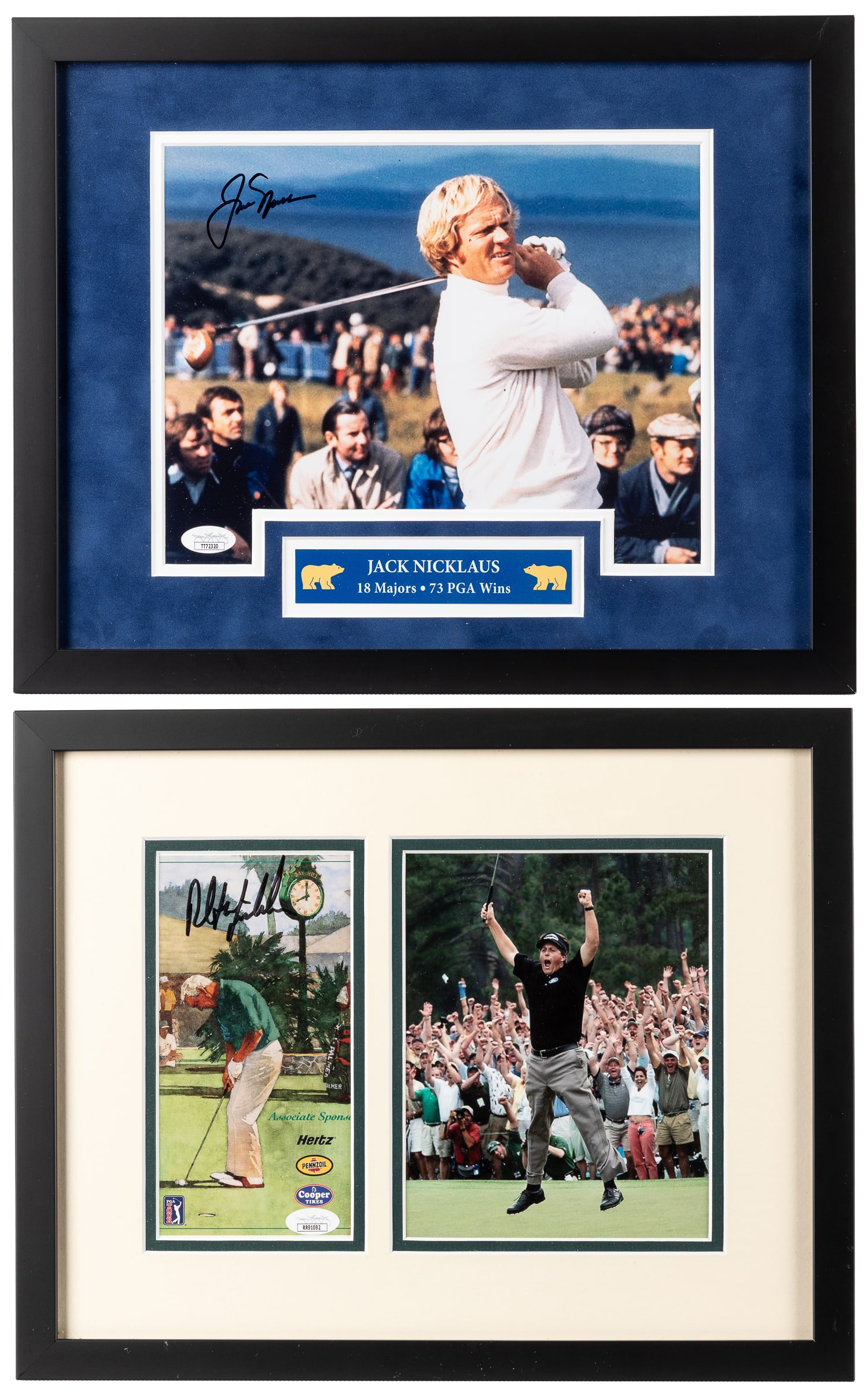 [GOLF]. Jack Nicklaus and Phil Mickelson signature displays (JSA).: [GOLF]. Jack Nicklaus and Phil Mickelson signature displays (JSA). Includes: a Jack Nicklaus signed photograph; and a Phil Mickelson signed brochure.Both framed and matted, size each approx. 12 x 15"