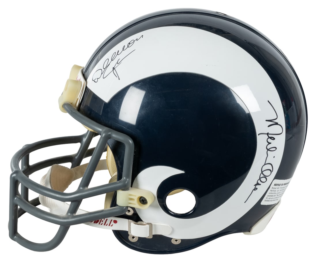 [SPORTS]. [FOOTBALL]. L. A. Rams Souvenir Helmet, Signed by the Legendary "Fearsome Foursome." [Des: [SPORTS]. [FOOTBALL]. L. A. Rams Souvenir Helmet, Signed by the Legendary "Fearsome Foursome." [Des Plaines: Riddell, ca. 20th - 21st centuries]. Souvenir L. A. Rams helmet (Riddell NFL Throwback
