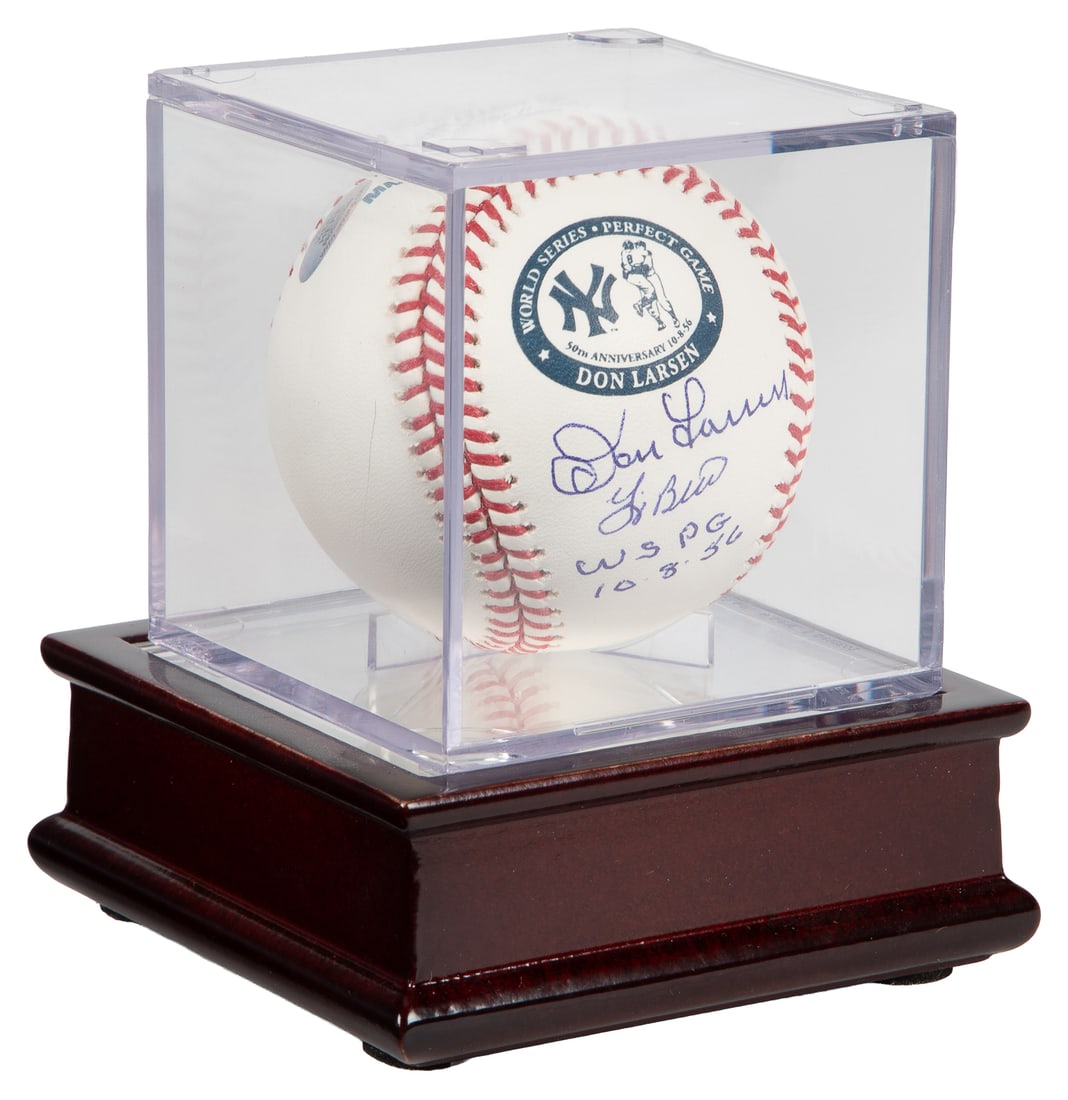 [SPORTS]. [BASEBALL]. LARSEN, Don (1929-2020) and BERRA, Yogi (1925-2015). Signed Baseball. [St.: [SPORTS]. [BASEBALL]. LARSEN, Don (1929-2020) and BERRA, Yogi (1925-2015). Signed Baseball. [St. Louis, MO:] Rawlings, [ca. 1986]. Souvenir baseball with "Wish You Were Here" holographic sticker.
