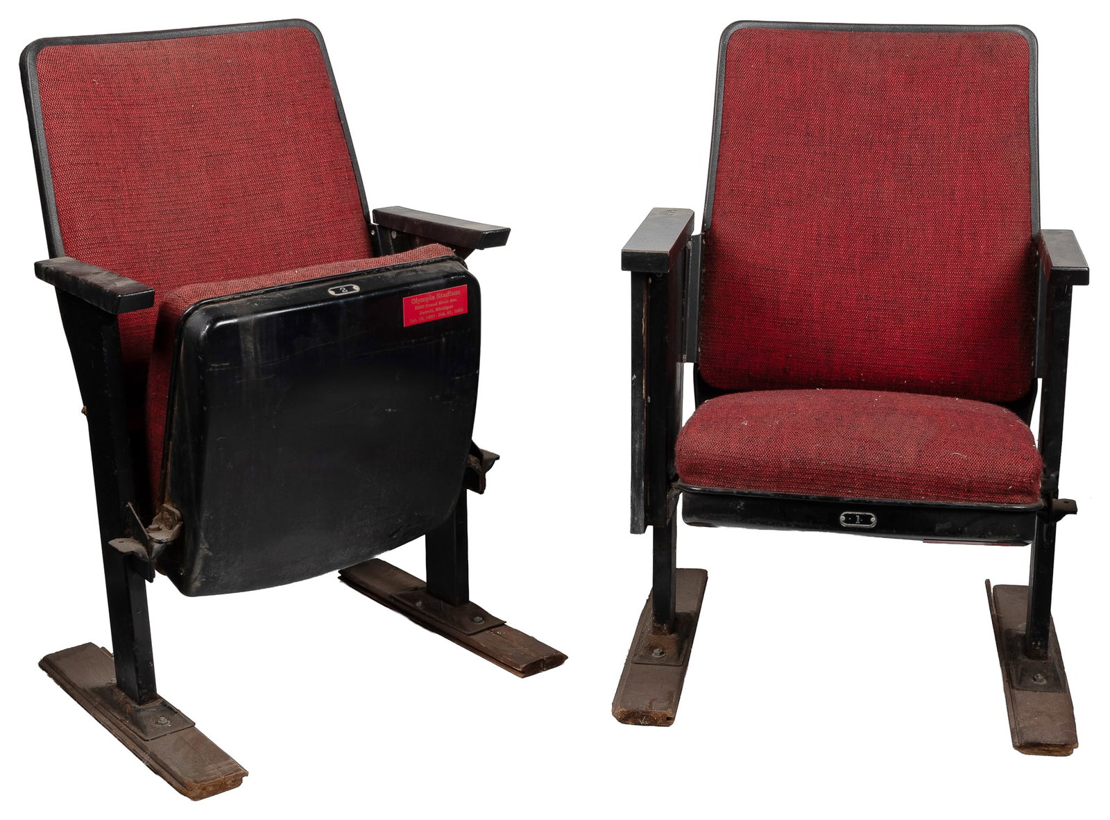 Olympia Stadium (Detroit) pair of seats.: Olympia Stadium (Detroit) pair of seats. Executive section seats from the Detroit stadium and former home of the Red Wings. Metal and wood with red upholstery.34 x 22 x 19".Third-party transportation