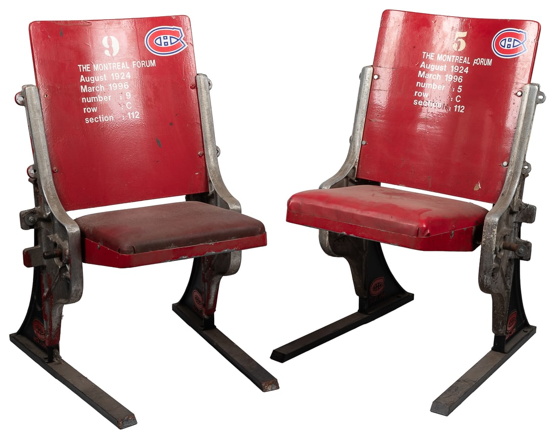 The Montreal Forum pair of arena chairs.: The Montreal Forum pair of arena chairs. Two wooden and metal chairs, lettered on the backs and with the logo of the Montreal Canadiens.Section 112, Row C, seats 5 and 9.34 x 21 x 23 1/2".Third-party