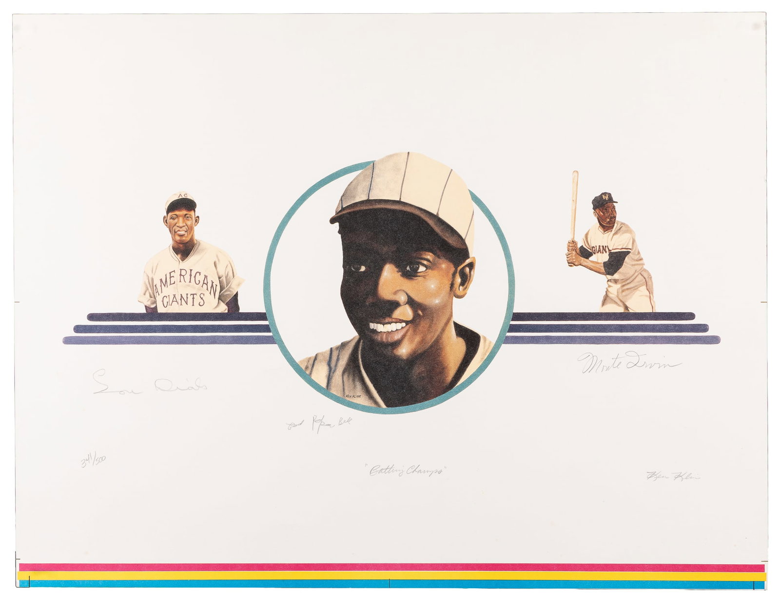 [SPORTS]. KLINE, Ken. Negro Leagues "Batting Champs" Signed Print.: [SPORTS]. KLINE, Ken. Negro Leagues "Batting Champs" Signed Print. Limited edition lithographic print #341/500 SIGNED by Negro league legends Cool Papa Bell, Monte Irvin, and Lou Dials in pencil.