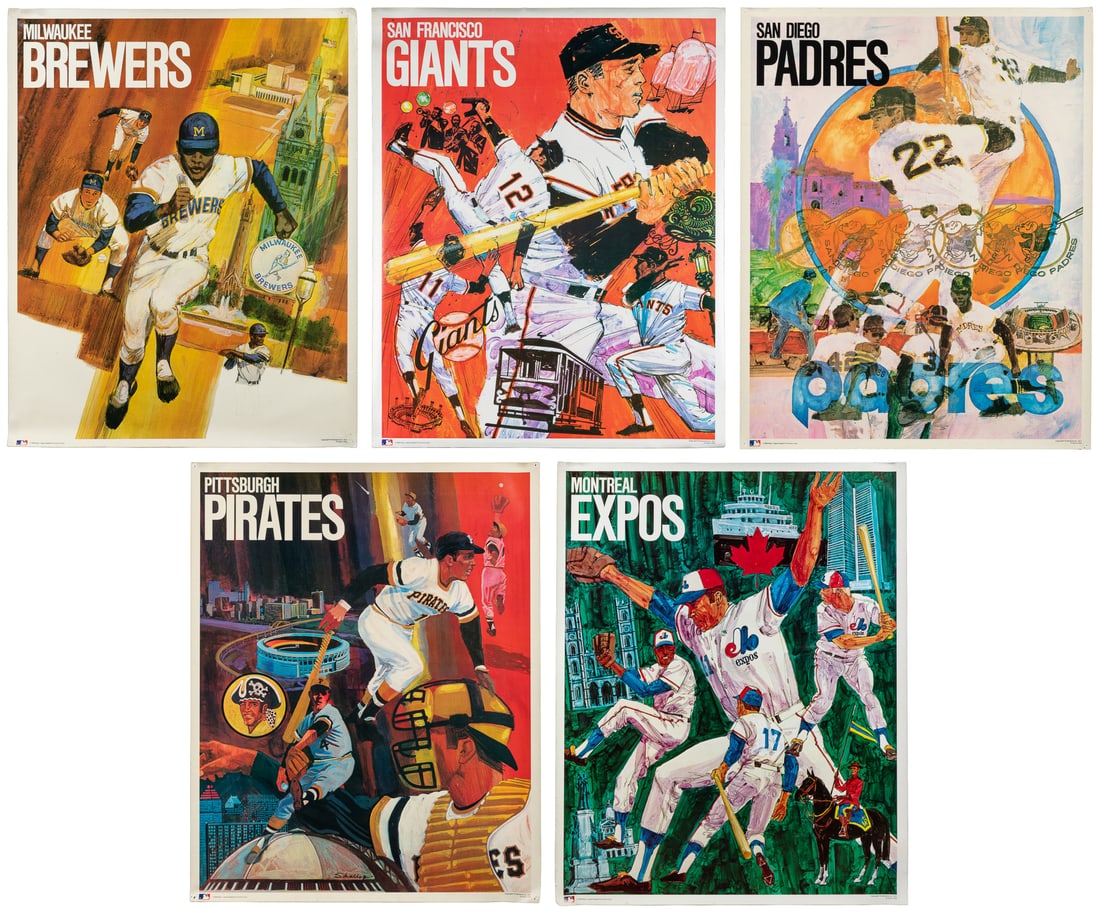 [MLB] Five American League Baseball Team Posters. ProMotions, Inc, 1971.: [MLB] Five American League Baseball Team Posters. ProMotions, Inc, 1971. Teams include the San Diego Padres, Montreal Expos, Pittsburgh Pirates, Milwaukee Brewers, and San Francisco Giants. Paper.