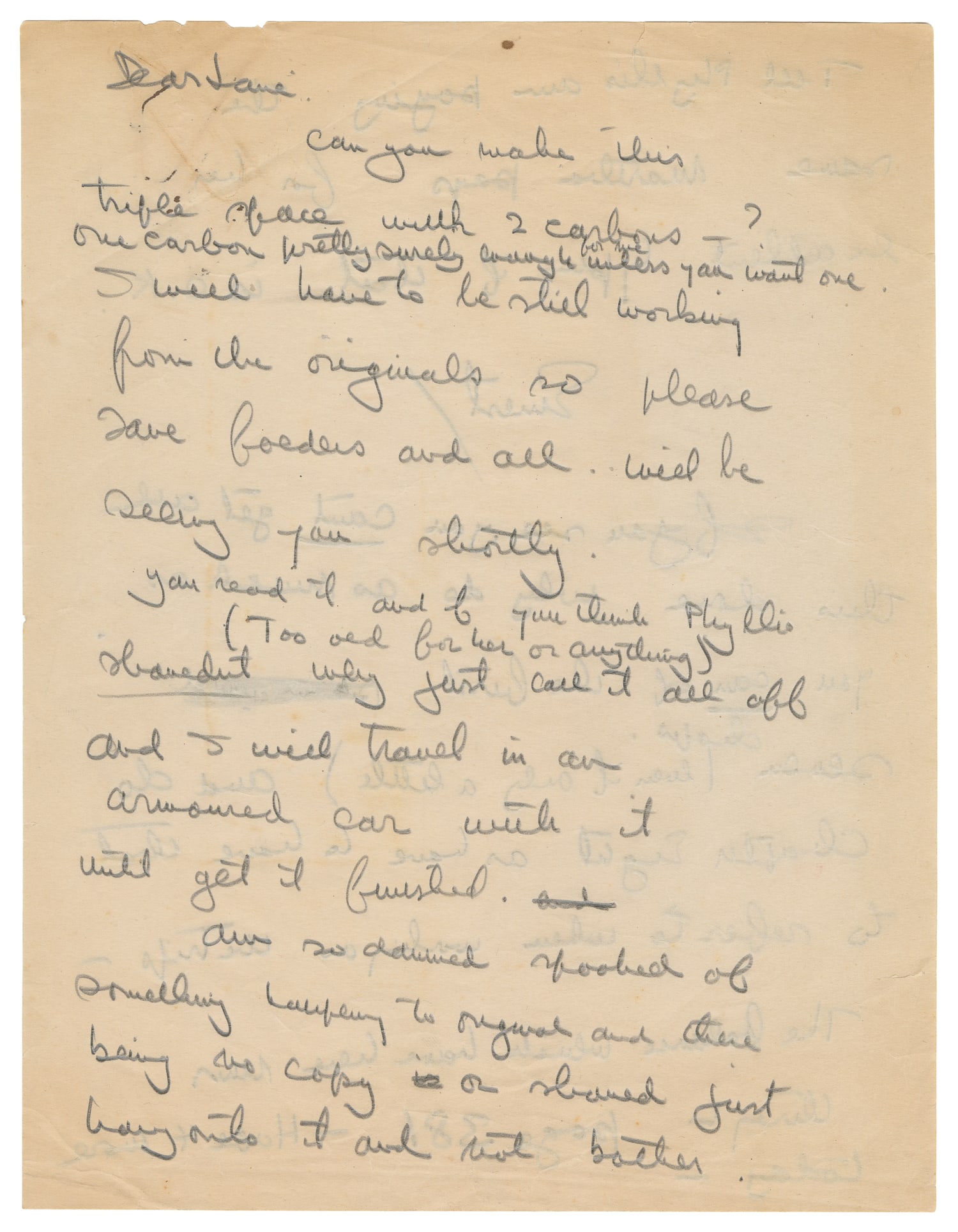 HEMINGWAY, Ernest (1899-1961). Autograph Letter Signed to Jane Armstrong, His Typist and Friend,: HEMINGWAY, Ernest (1899-1961). Autograph Letter Signed to Jane Armstrong, His Typist and Friend, About For Whom the Bell Tolls. [N.p., ca. 1939-1940]. 2 4to pages on one sheet, plain white paper, in p