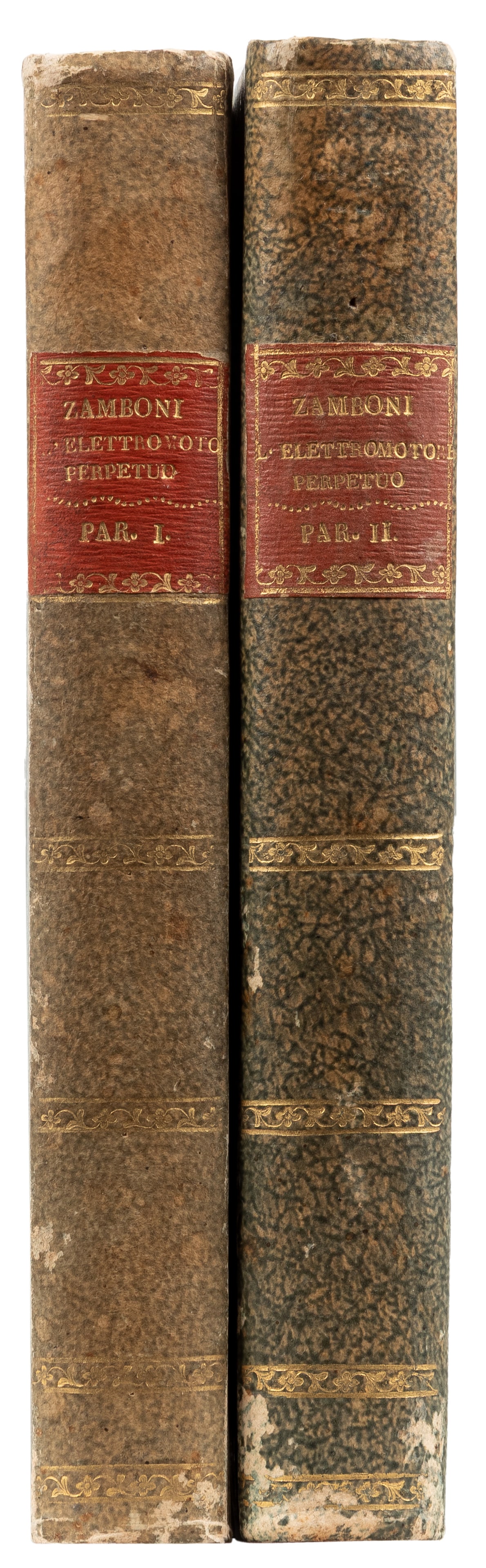 [ELECTRICITY AND BATTERIES]. ZAMBONI, Giuseppe (1776-1846). L'Elettromotore Perpetuo. Verona:: [ELECTRICITY AND BATTERIES]. ZAMBONI, Giuseppe (1776-1846). L'Elettromotore Perpetuo. Verona: Societa Italiana delle Scienze, 1820, 1822. 8vos. Two volumes in one. 298, [1]; [3]-361, [1] pp. Twenty-fo