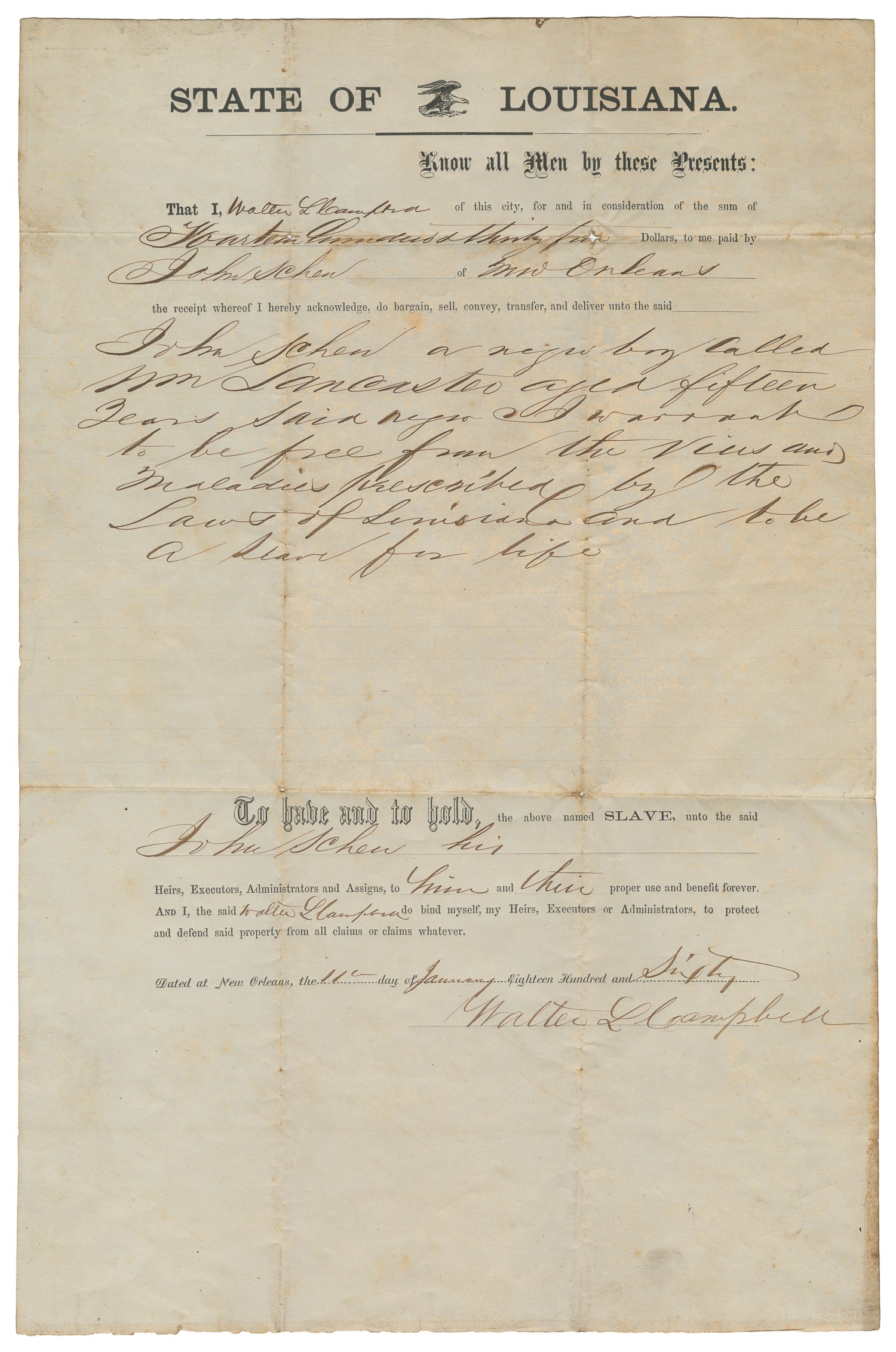 [AFRICAN AMERICANA]. [SLAVERY DOCUMENT]. State of Louisiana Bill of Sale for a Slave, John Schen... (1 of 1)