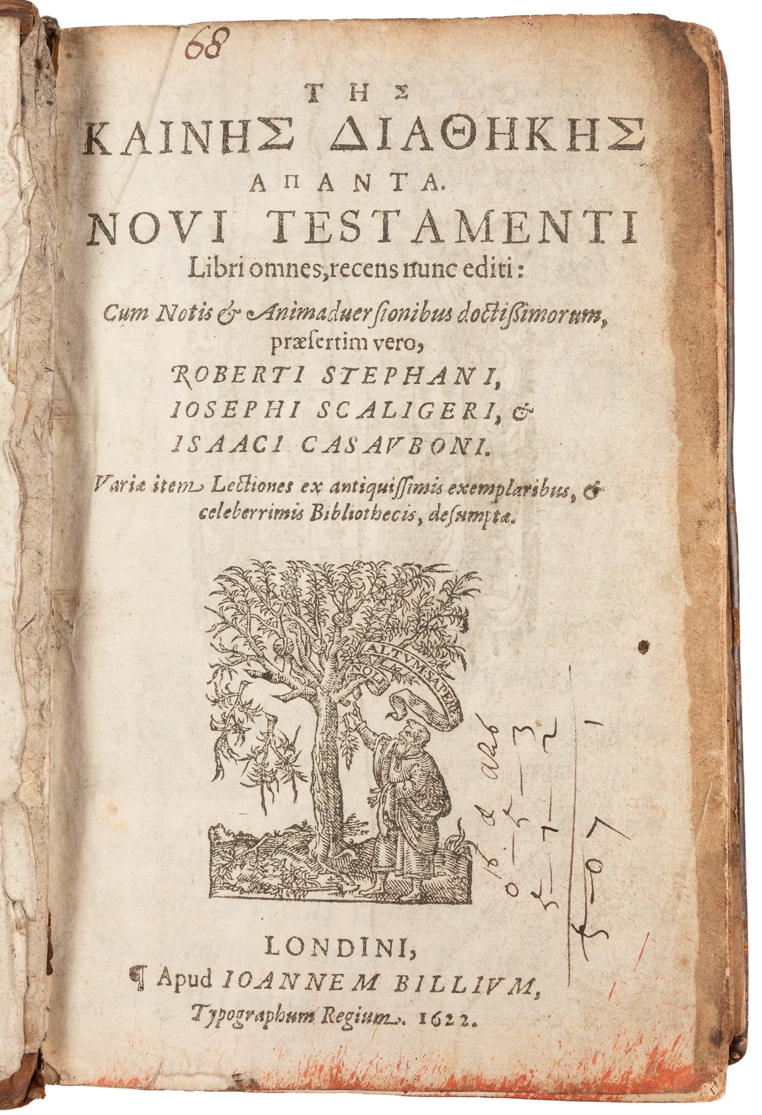 [BIBLE IN GREEK]. [NEW TESTAMENT]. Tes Kaines Diathekes hapanta. Novi Testamenti libri omnes, recens: [BIBLE IN GREEK]. [NEW TESTAMENT]. Tes Kaines Diathekes hapanta. Novi Testamenti libri omnes, recens nunc editi... [Greek Letter]. London: John Bill, 1622. 8vo. [8], 325, [147] pp. Text in double colu